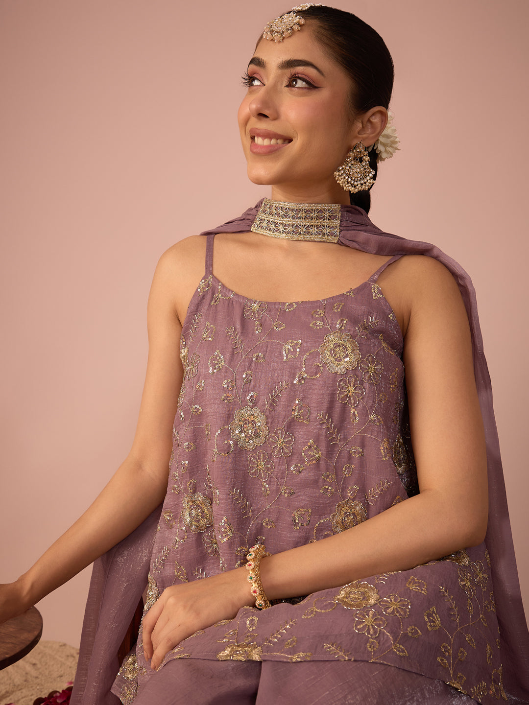 Janasya Women's Lavender Tissue Silk Floral Zari Embroidered Sequinned Peplum Top with Sharara & Choker Dupatta Set