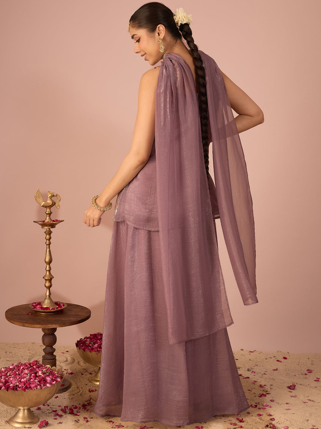 Janasya Women's Lavender Tissue Silk Floral Zari Embroidered Sequinned Peplum Top with Sharara & Choker Dupatta Set