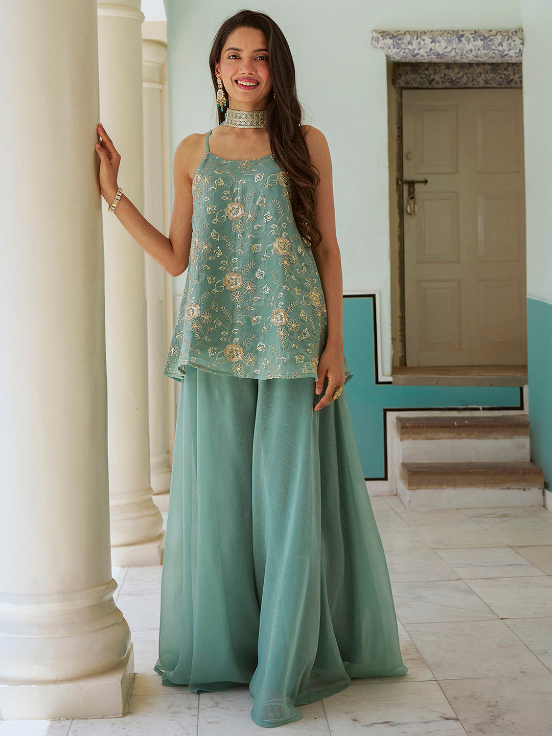 Janasya Women's Sea Green Tissue Silk Floral Zari Embroidered A-Line Top with Palazzo And Choker Dupatta Set