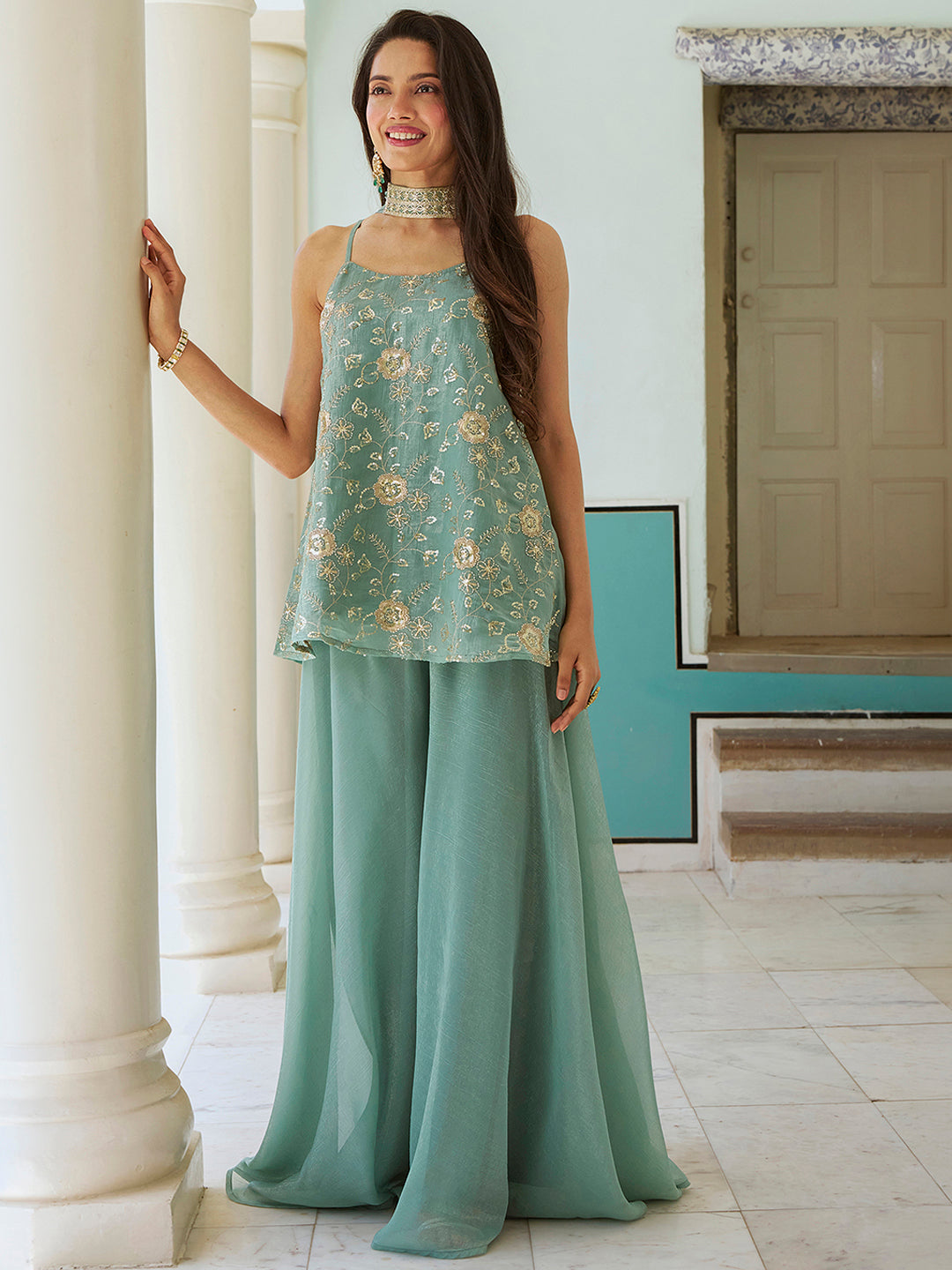 Janasya Women's Sea Green Tissue Silk Floral Zari Embroidered A-Line Top with Palazzo And Choker Dupatta Set