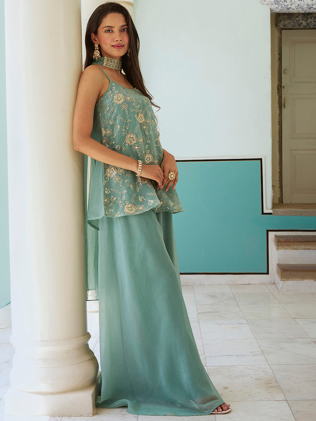 Janasya Women's Sea Green Tissue Silk Floral Zari Embroidered A-Line Top with Palazzo And Choker Dupatta Set