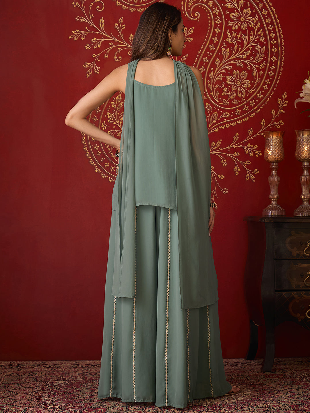 Janasya Women's Sage Green Georgette Floral Zari Embroidered Straight Kurta with Sharara And Choker Dupatta Set