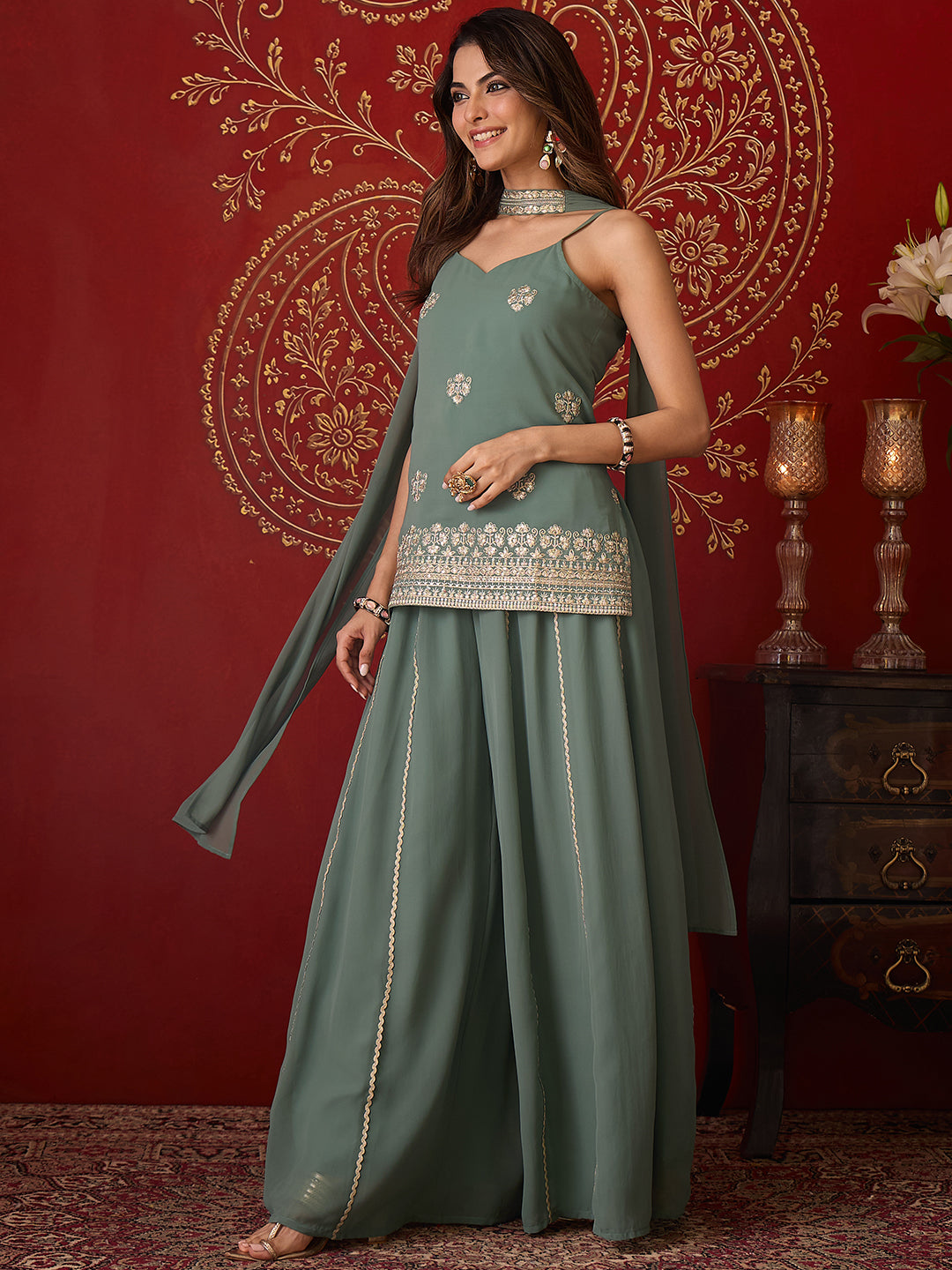 Janasya Women's Sage Green Georgette Floral Zari Embroidered Straight Kurta with Sharara And Choker Dupatta Set