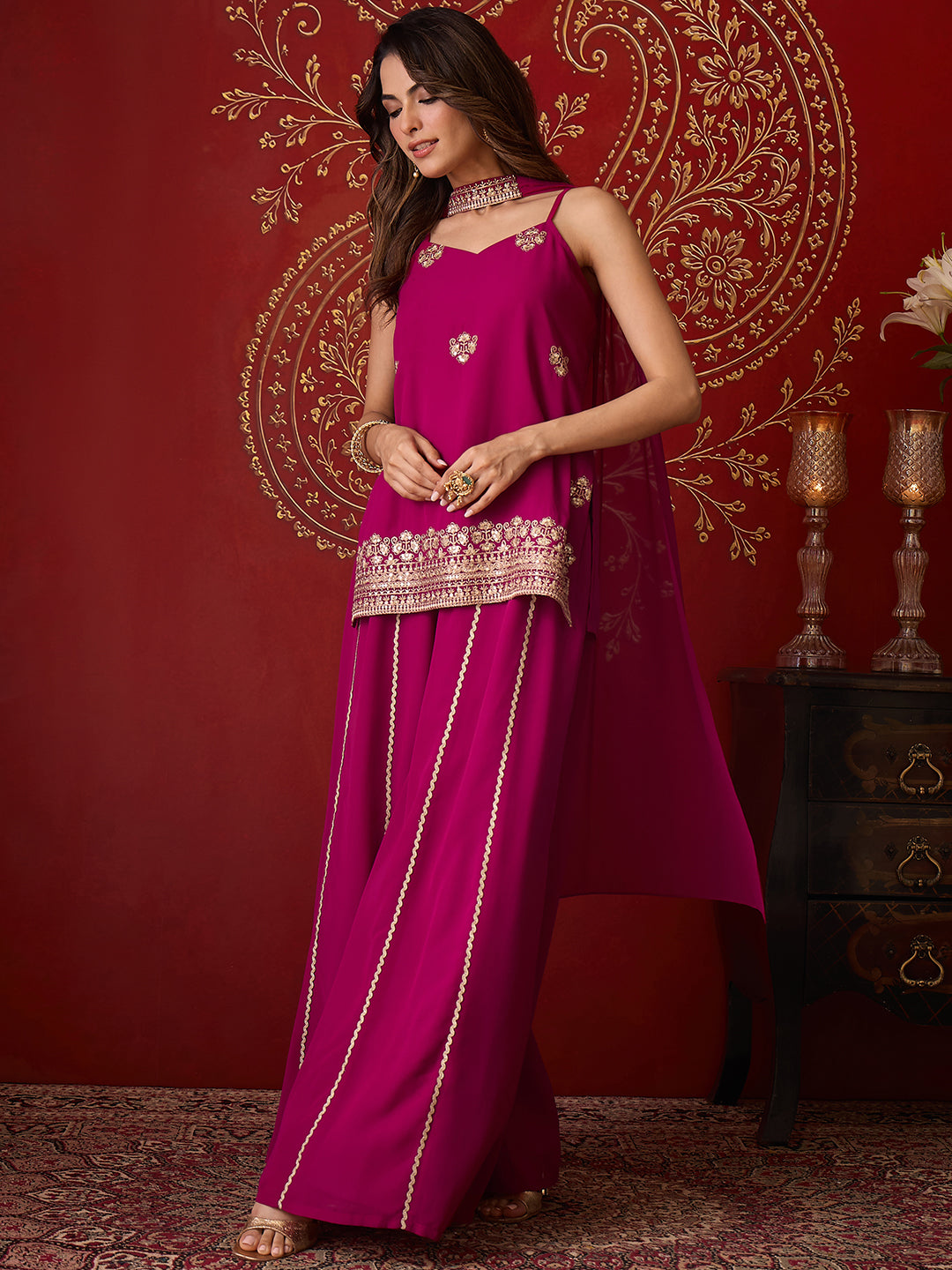 Janasya Women's Magenta Georgette Floral Zari Embroidered Straight Kurta with Sharara And Choker Dupatta Set