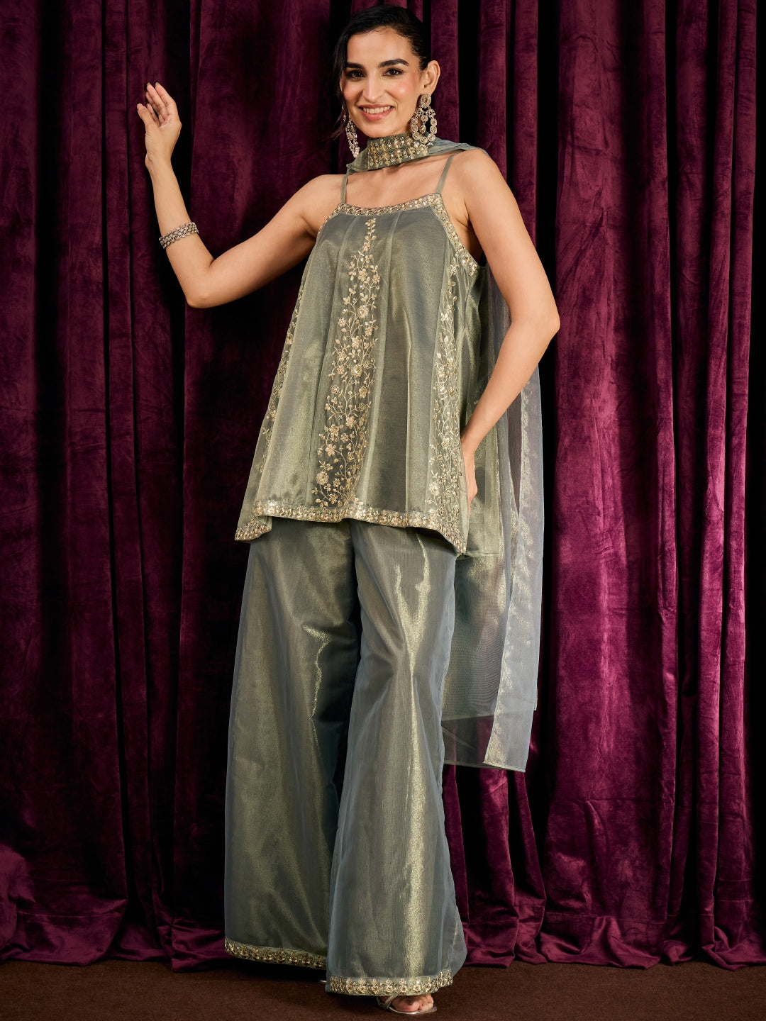 Janasya Women's Grey Shimmer Net Floral Zari Embroidered A-Line Top with Palazzo And Choker Dupatta Set