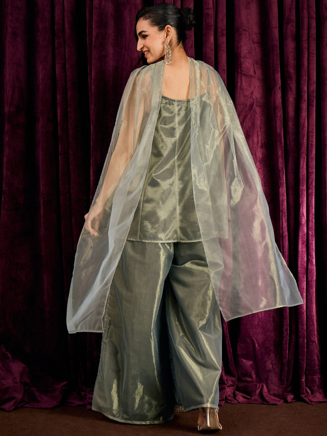 Janasya Women's Grey Shimmer Net Floral Zari Embroidered A-Line Top with Palazzo And Choker Dupatta Set