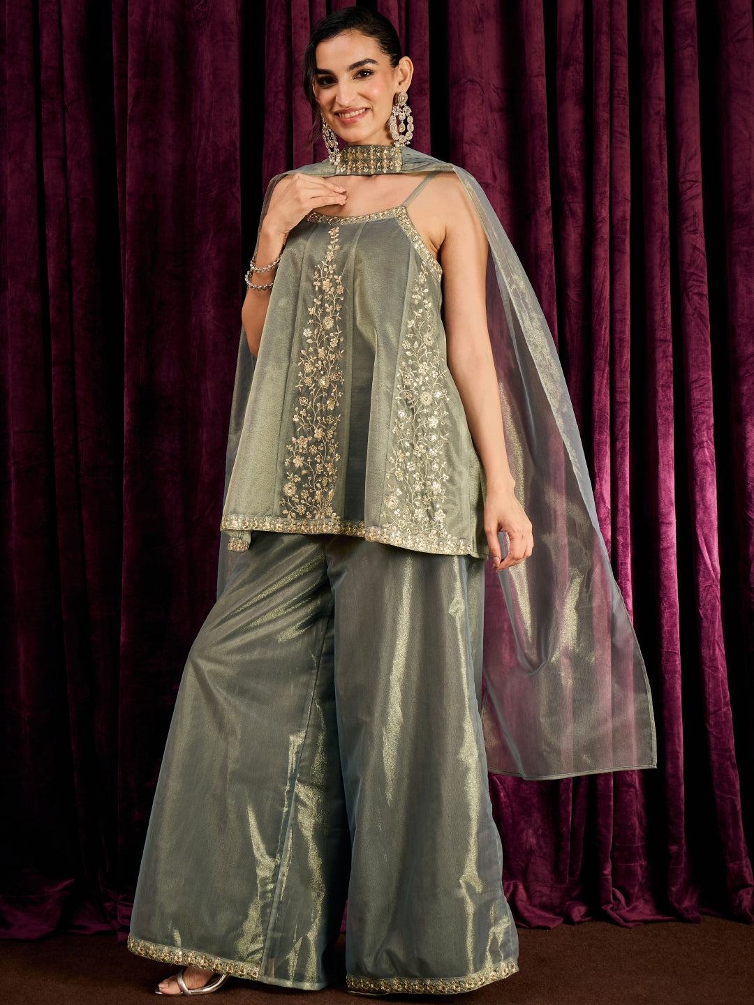 Janasya Women's Grey Shimmer Net Floral Zari Embroidered A-Line Top with Palazzo And Choker Dupatta Set