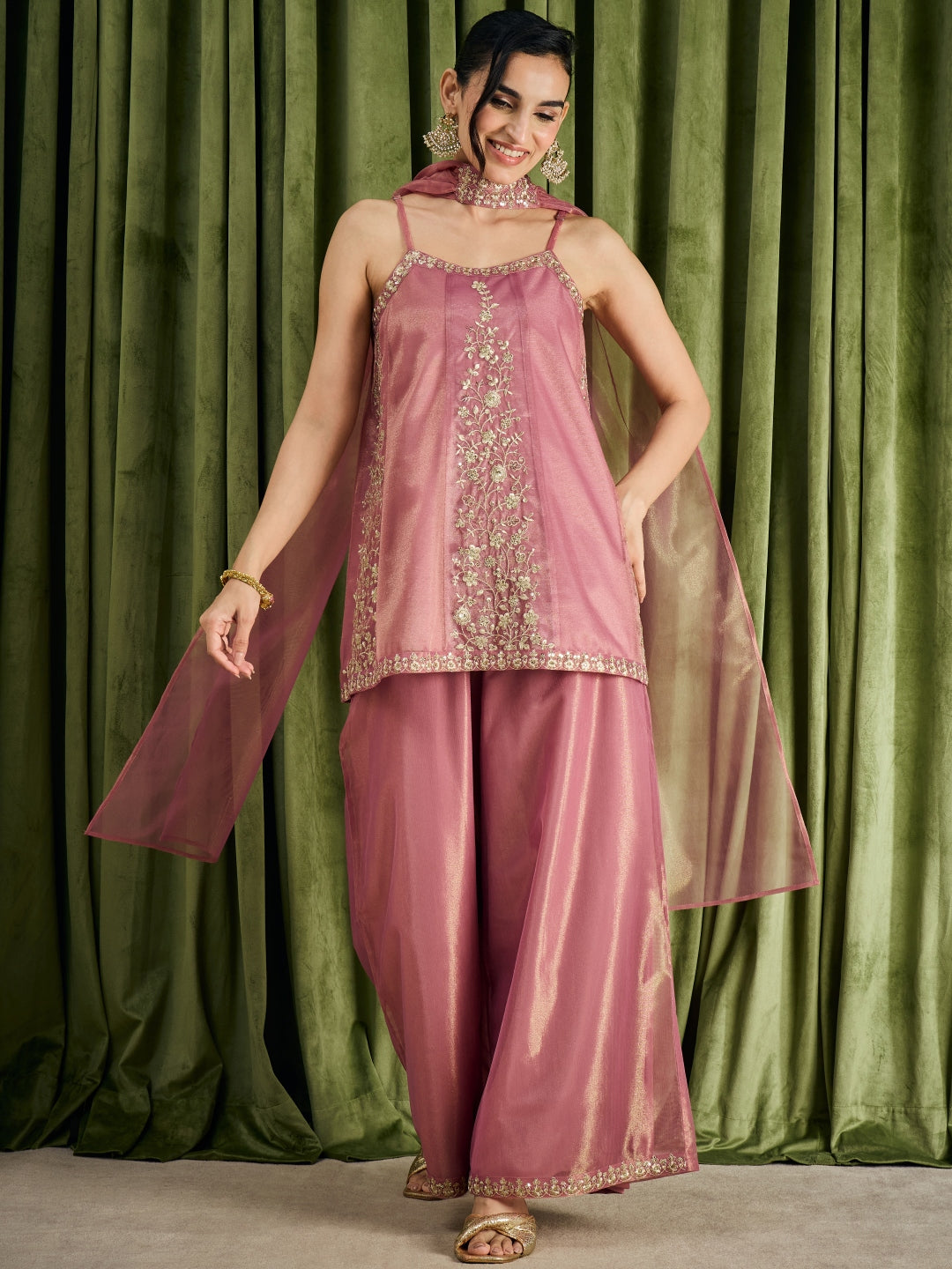 Janasya Women's Metallic Pink Shimmer Net Floral Zari Embroidered A-Line Top with Palazzo And Choker Dupatta Set