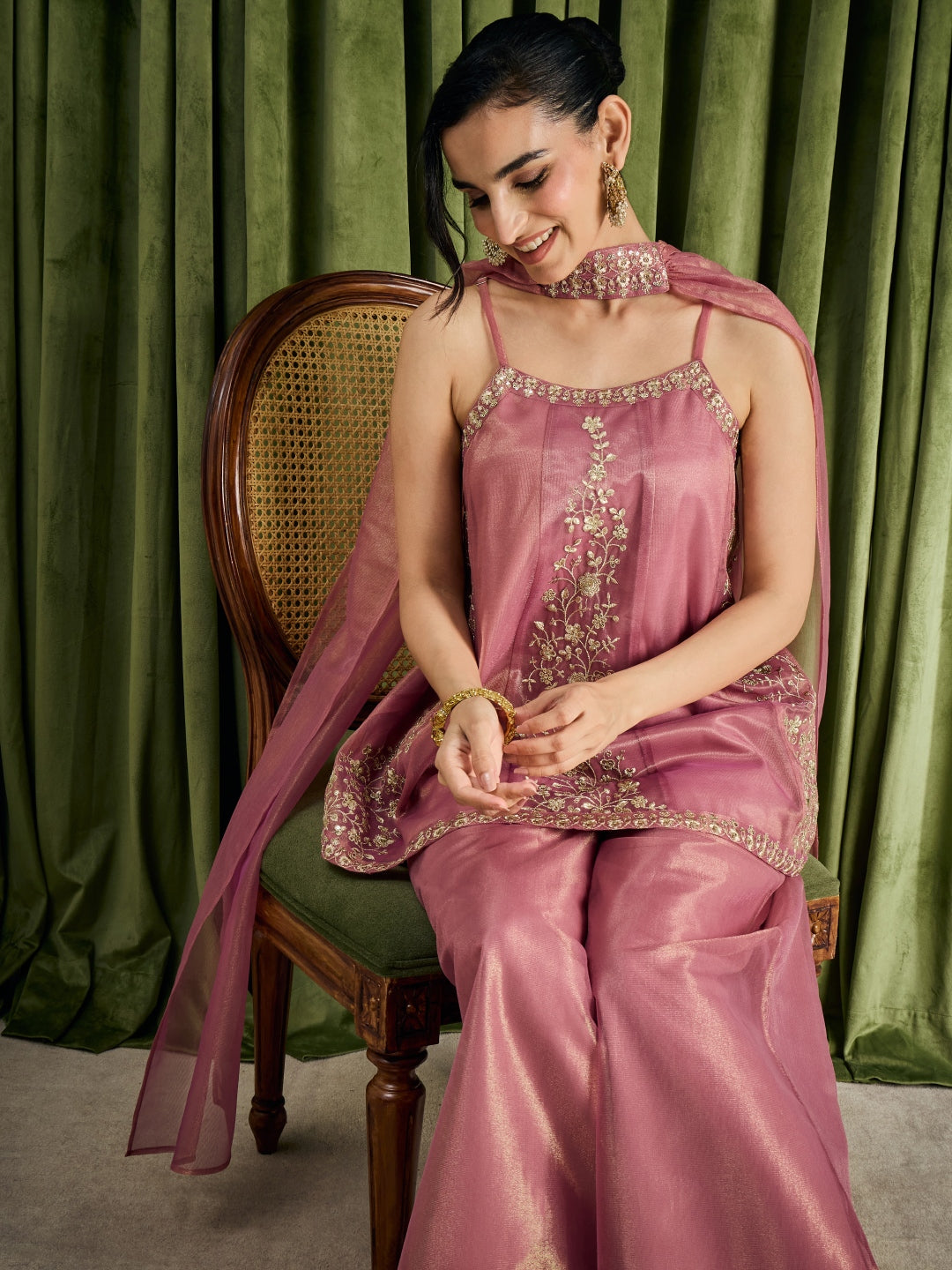 Janasya Women's Metallic Pink Shimmer Net Floral Zari Embroidered A-Line Top with Palazzo And Choker Dupatta Set