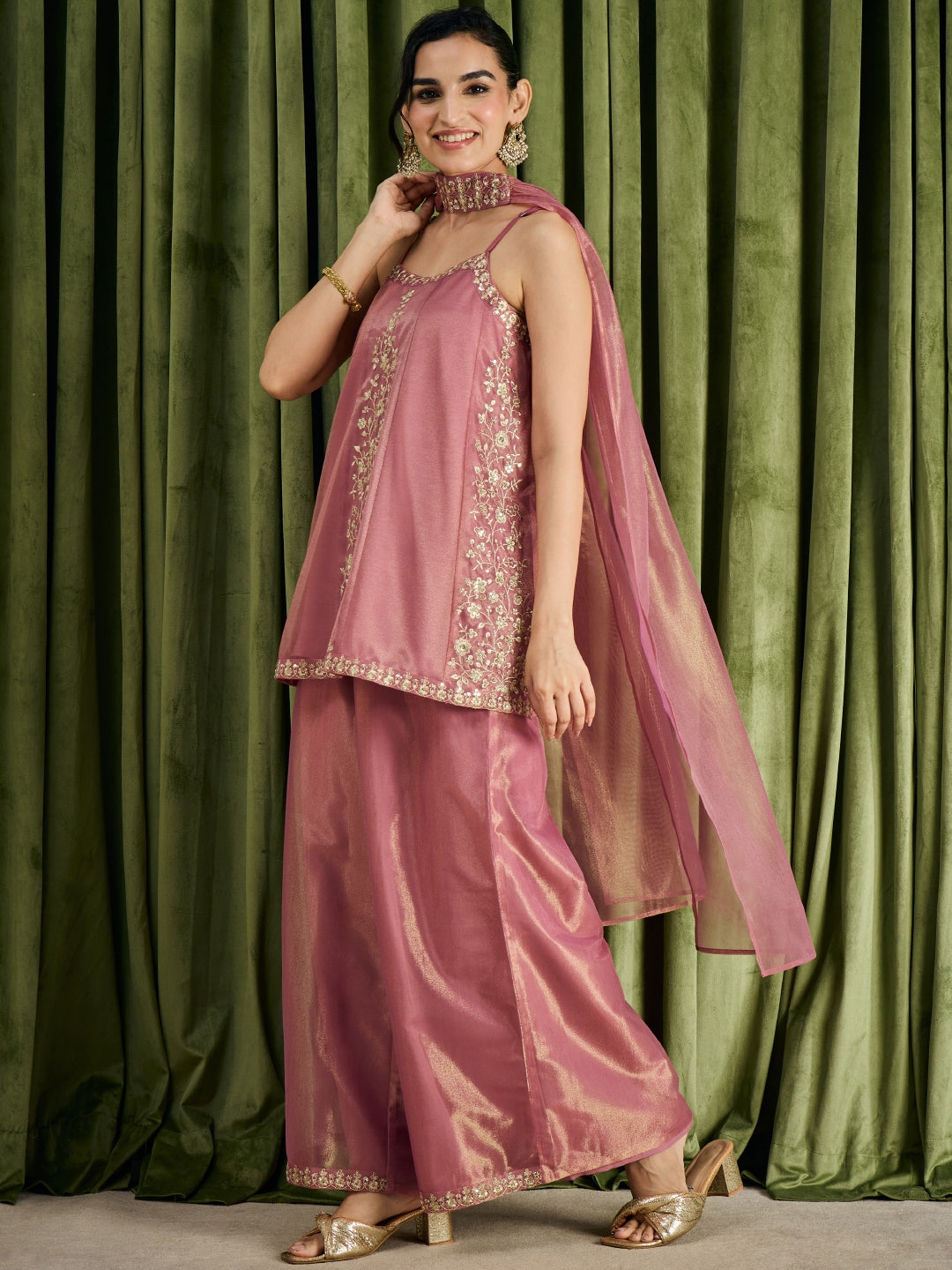 Janasya Women's Metallic Pink Shimmer Net Floral Zari Embroidered A-Line Top with Palazzo And Choker Dupatta Set