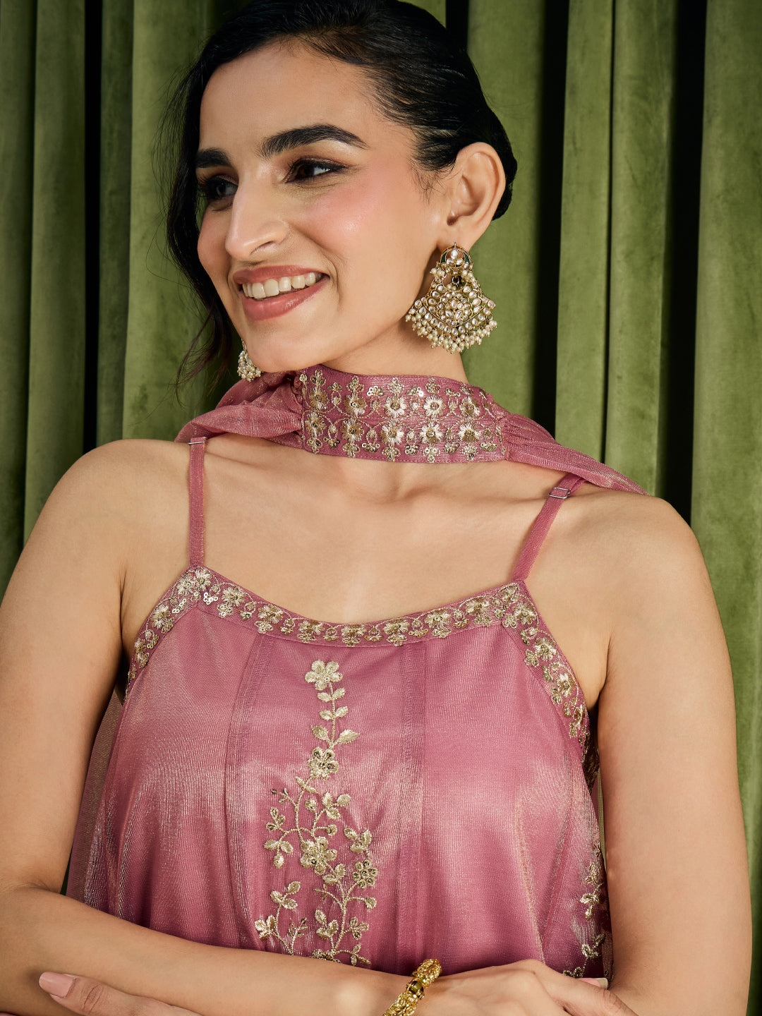 Janasya Women's Metallic Pink Shimmer Net Floral Zari Embroidered A-Line Top with Palazzo And Choker Dupatta Set