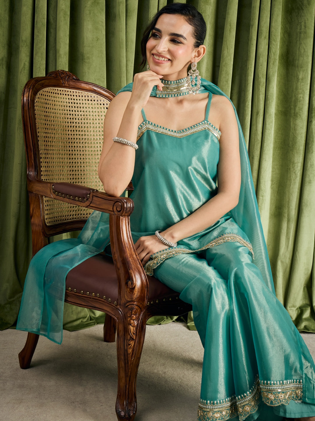 Janasya Women's Teal Green Shimmer Net Zari Embroidered Straight Kurta with Palazzo And Dupatta Set