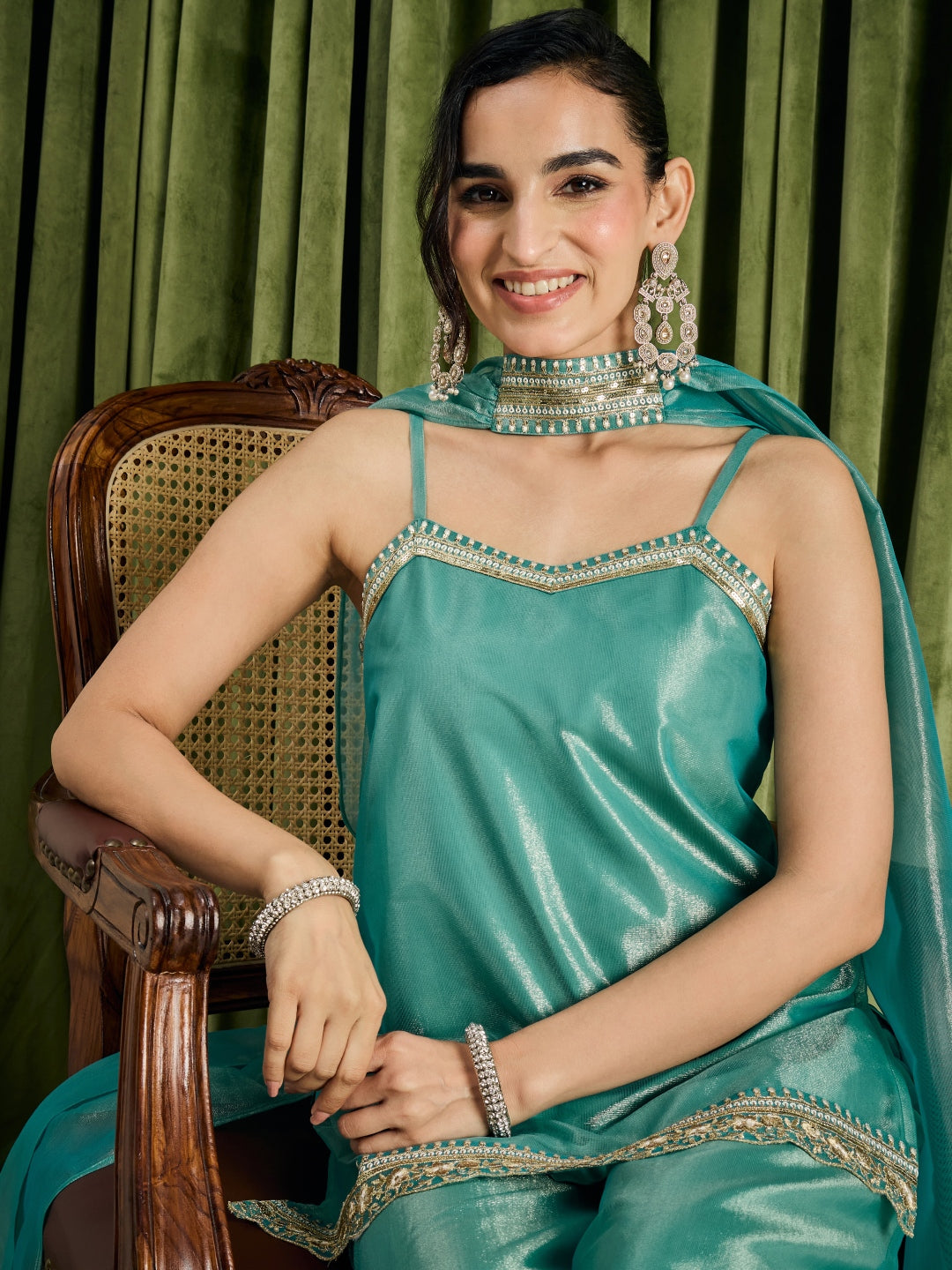 Janasya Women's Teal Green Shimmer Net Zari Embroidered Straight Kurta with Palazzo And Dupatta Set