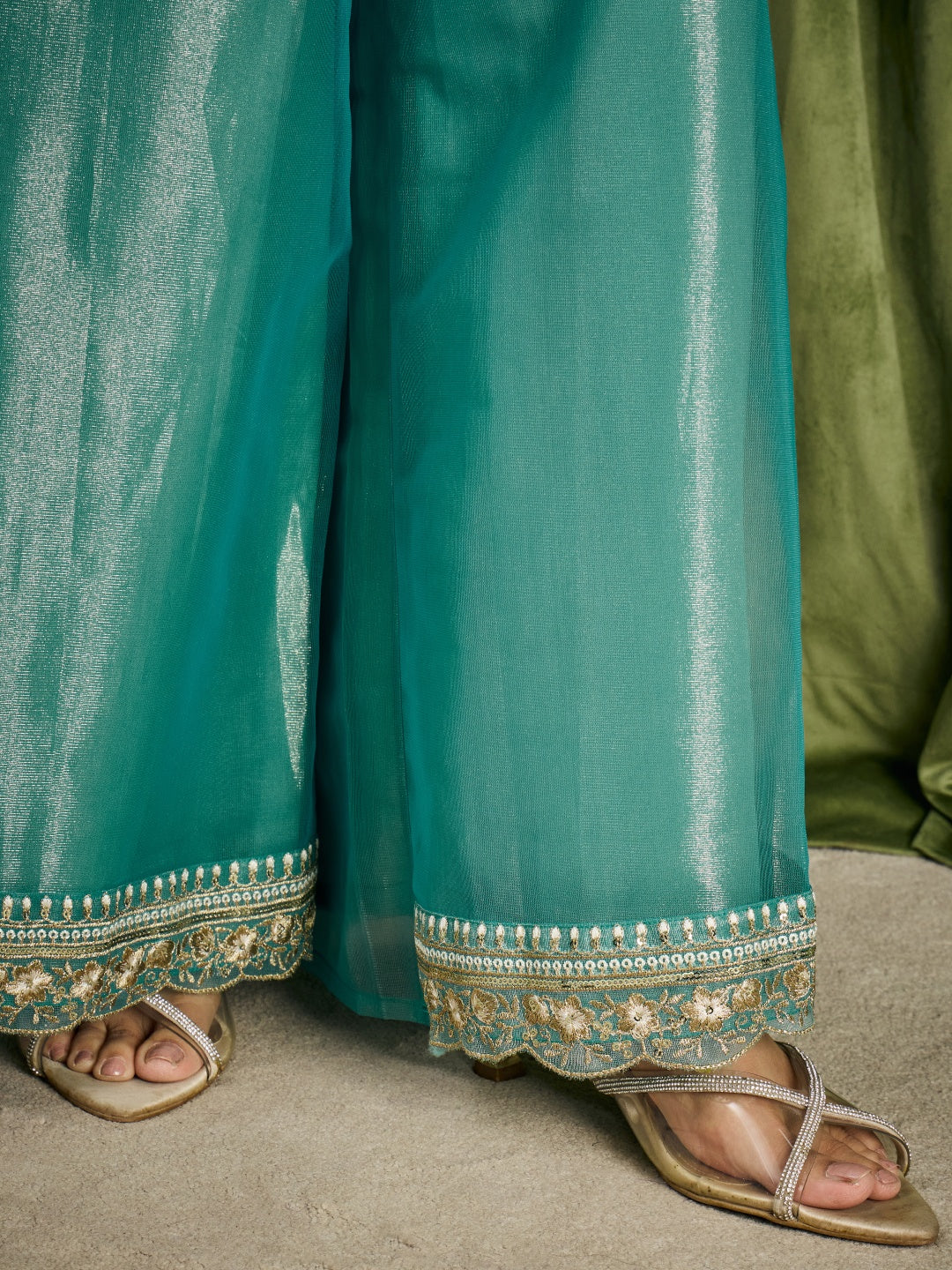 Janasya Women's Teal Green Shimmer Net Zari Embroidered Straight Kurta with Palazzo And Dupatta Set