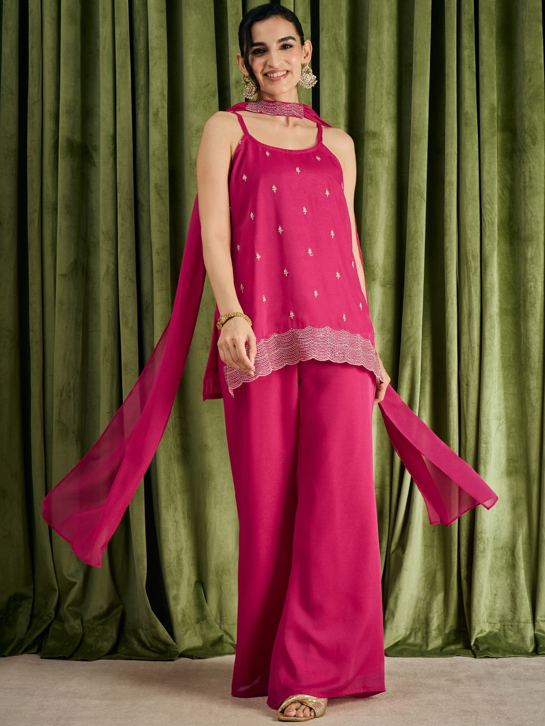 Janasya Women's Magenta Georgette Zari Beads Embroidered Straight Kurta with Palazzo And Choker Dupatta Set