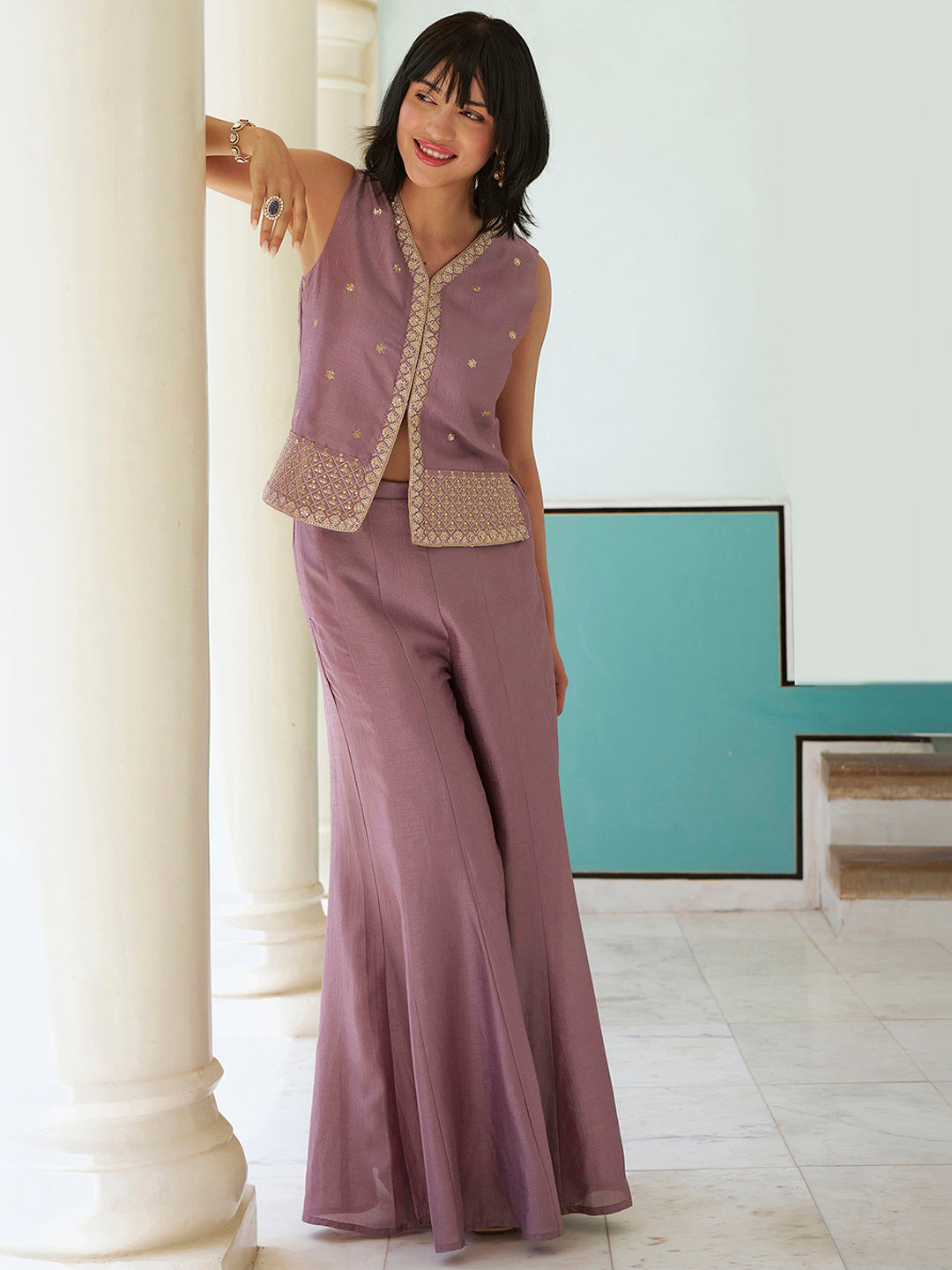 Janasya Women's Lavender Silk Blend Floral Embroidered Waistcoat Co-Ord Set