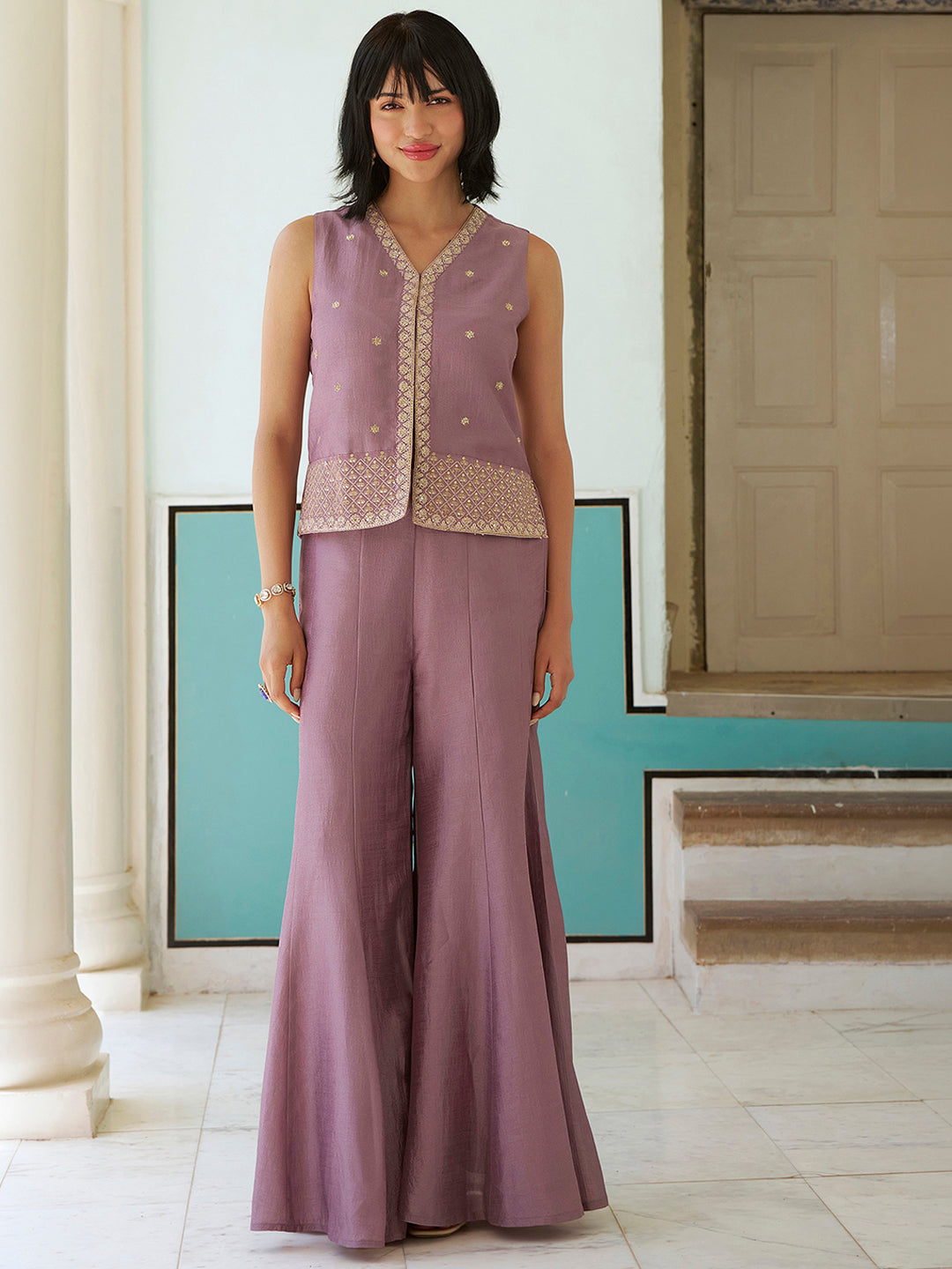 Janasya Women's Lavender Silk Blend Floral Embroidered Waistcoat Co-Ord Set
