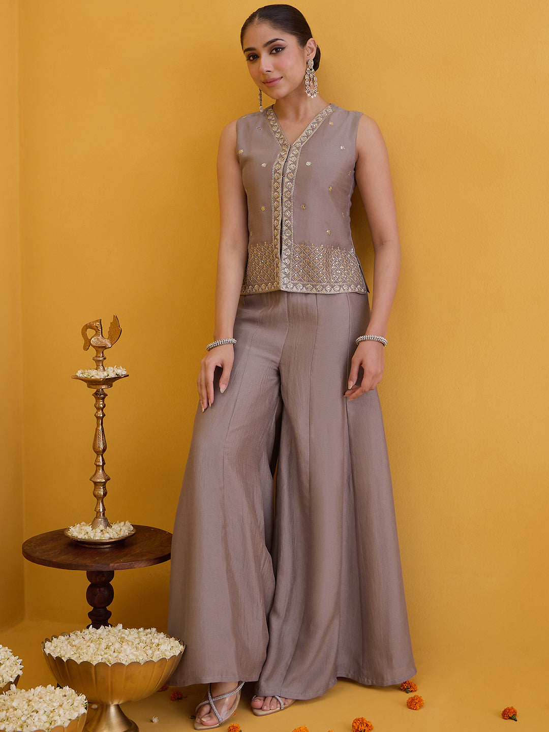 Janasya Women's Metallic Beige Silk Blend Floral Zari Embroidered Vest Coat Co-Ord Set