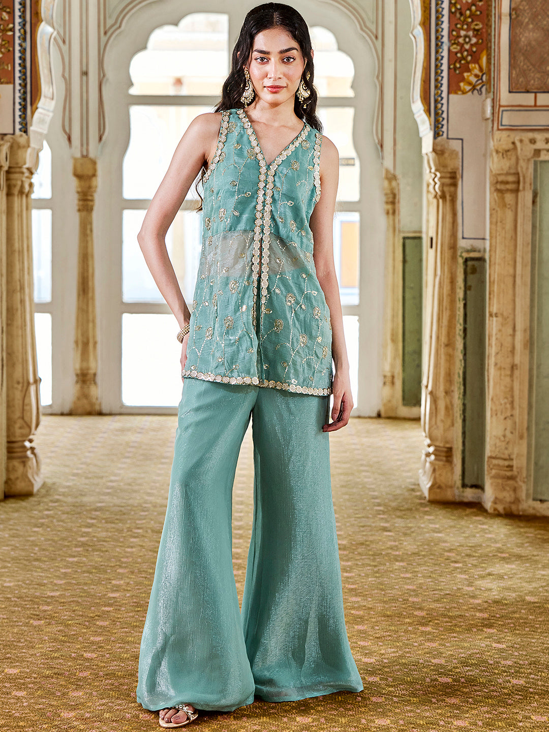 Janasya Women's Sea Green Tissue Silk Embellished High Slit Co-Ord Set