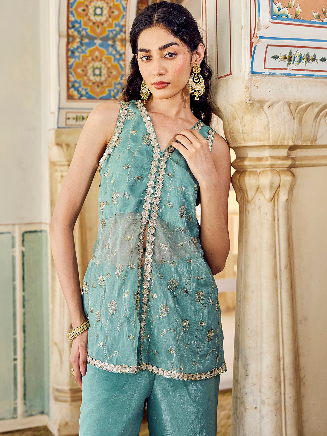 Janasya Women's Sea Green Tissue Silk Embellished High Slit Co-Ord Set