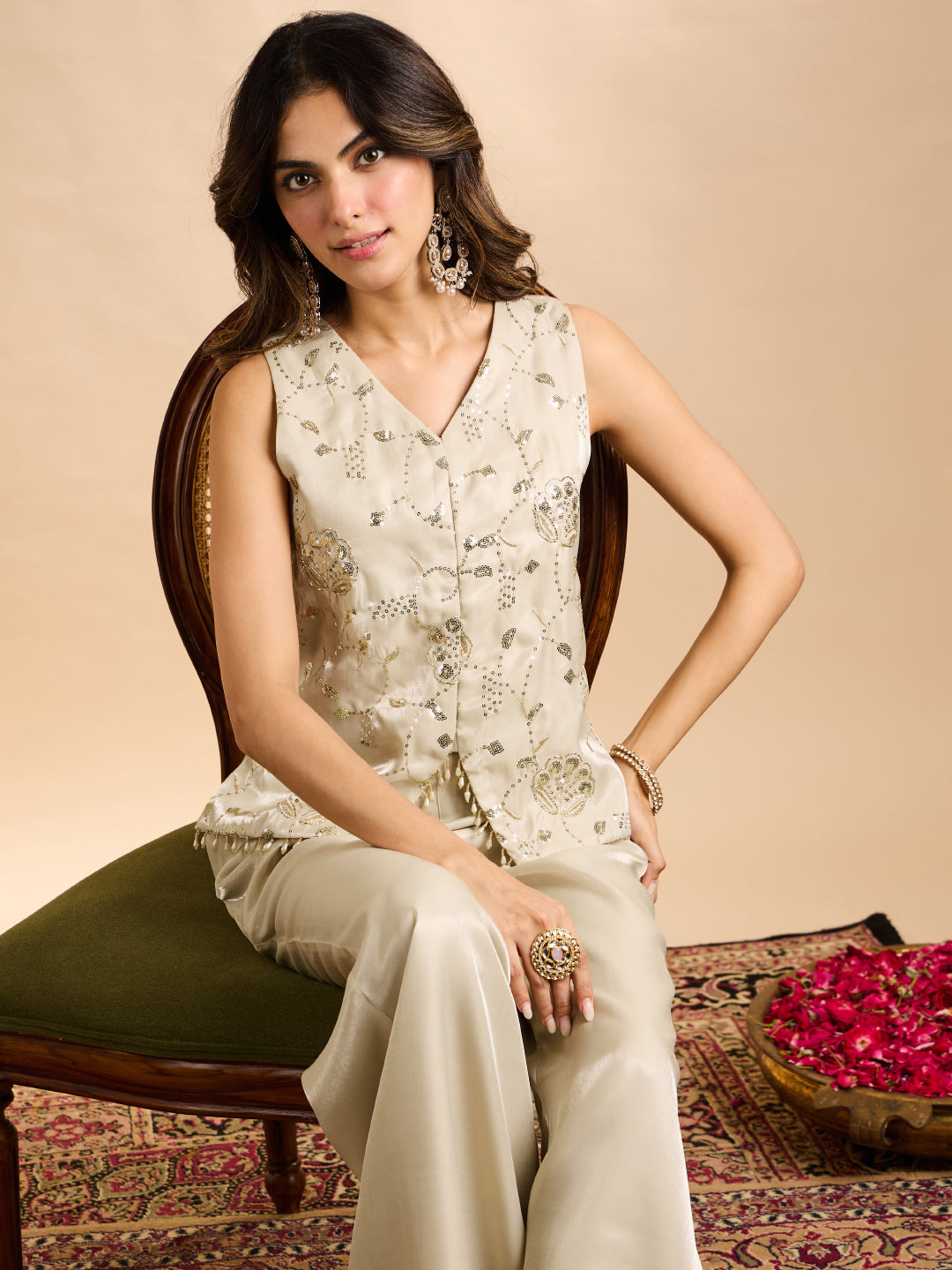 Janasya Women's Off White Silk Blend Sequins Beads Embroidered Vest Coat Co-Ord Set