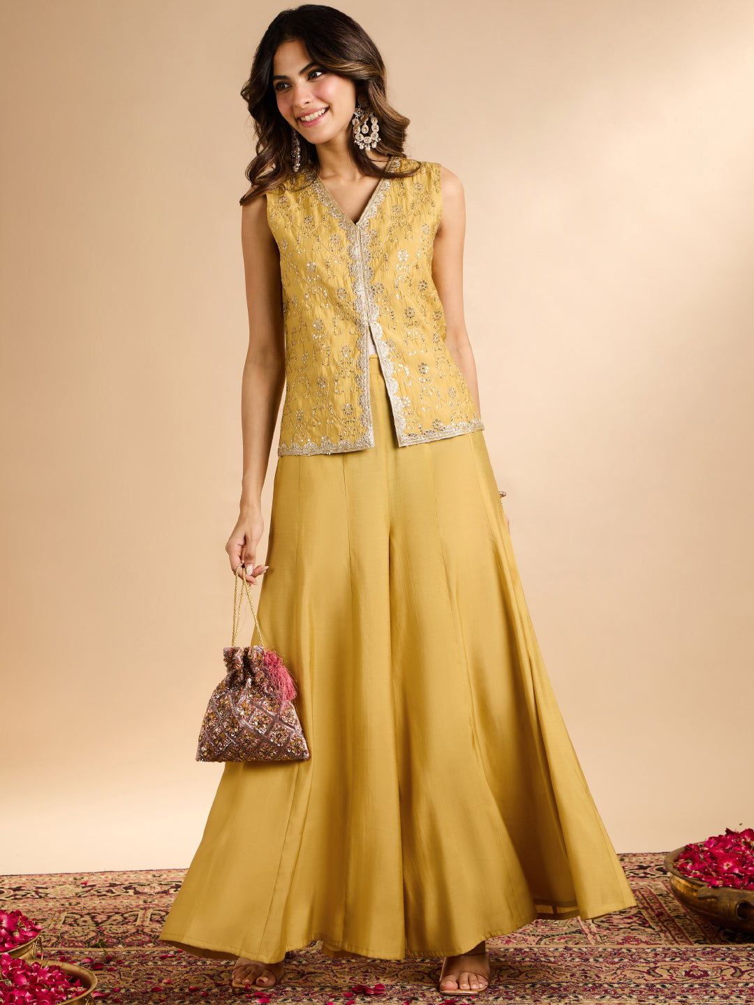 Janasya Women's Yellow Chanderi Silk Floral Embroidered & Sequinned Vest Coat Co-Ord Set