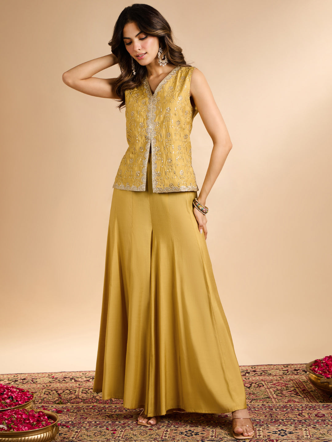 Janasya Women's Yellow Chanderi Silk Floral Embroidered & Sequinned Vest Coat Co-Ord Set