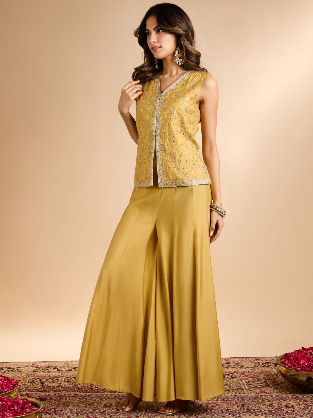 Janasya Women's Yellow Chanderi Silk Floral Embroidered & Sequinned Vest Coat Co-Ord Set