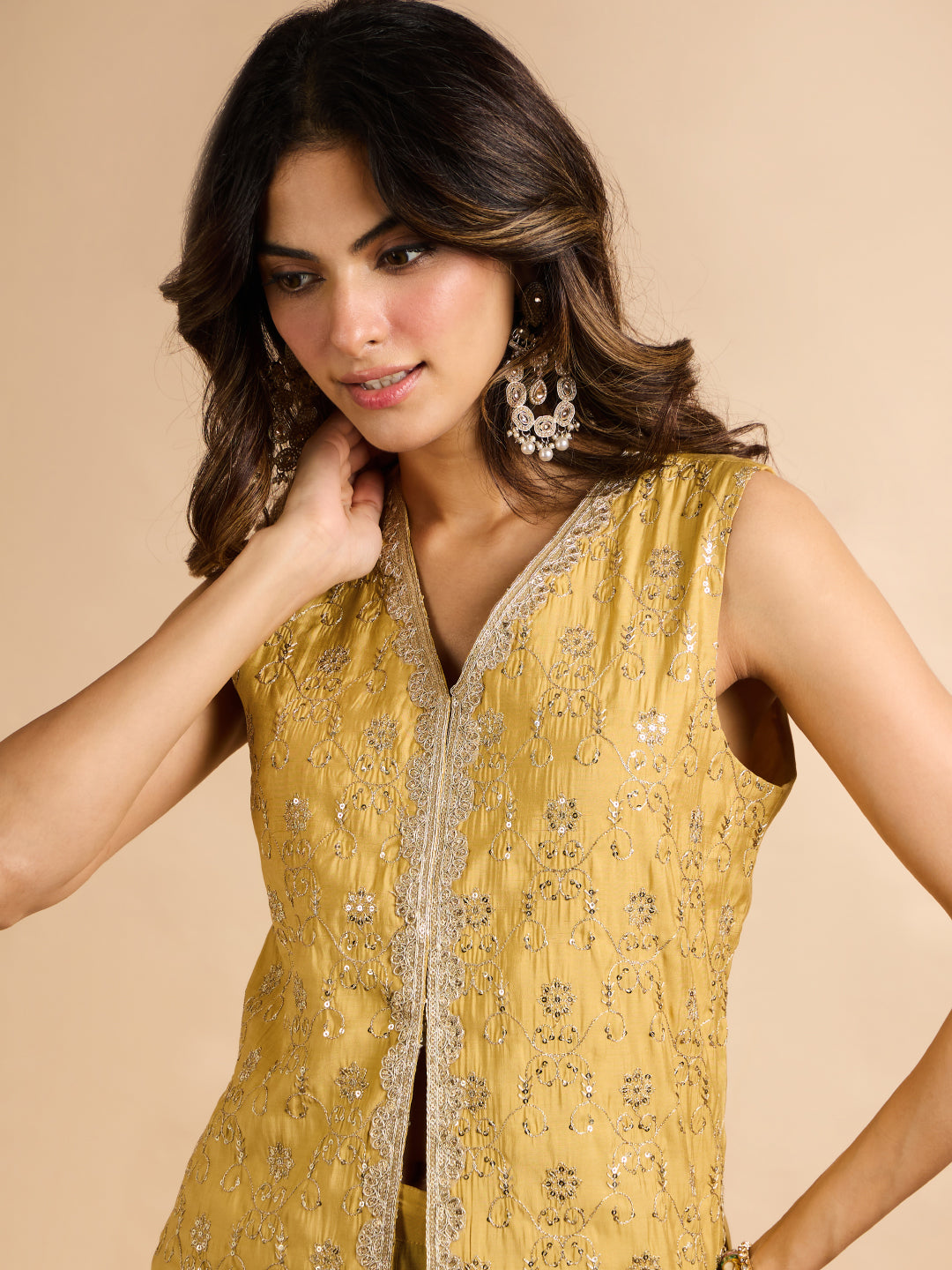 Janasya Women's Yellow Chanderi Silk Floral Embroidered & Sequinned Vest Coat Co-Ord Set