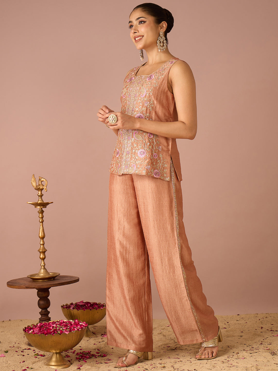Janasya Women's Peach Silk Blend Floral Zari Embroidered & Sequinned Vest Coat Co-Ord Set