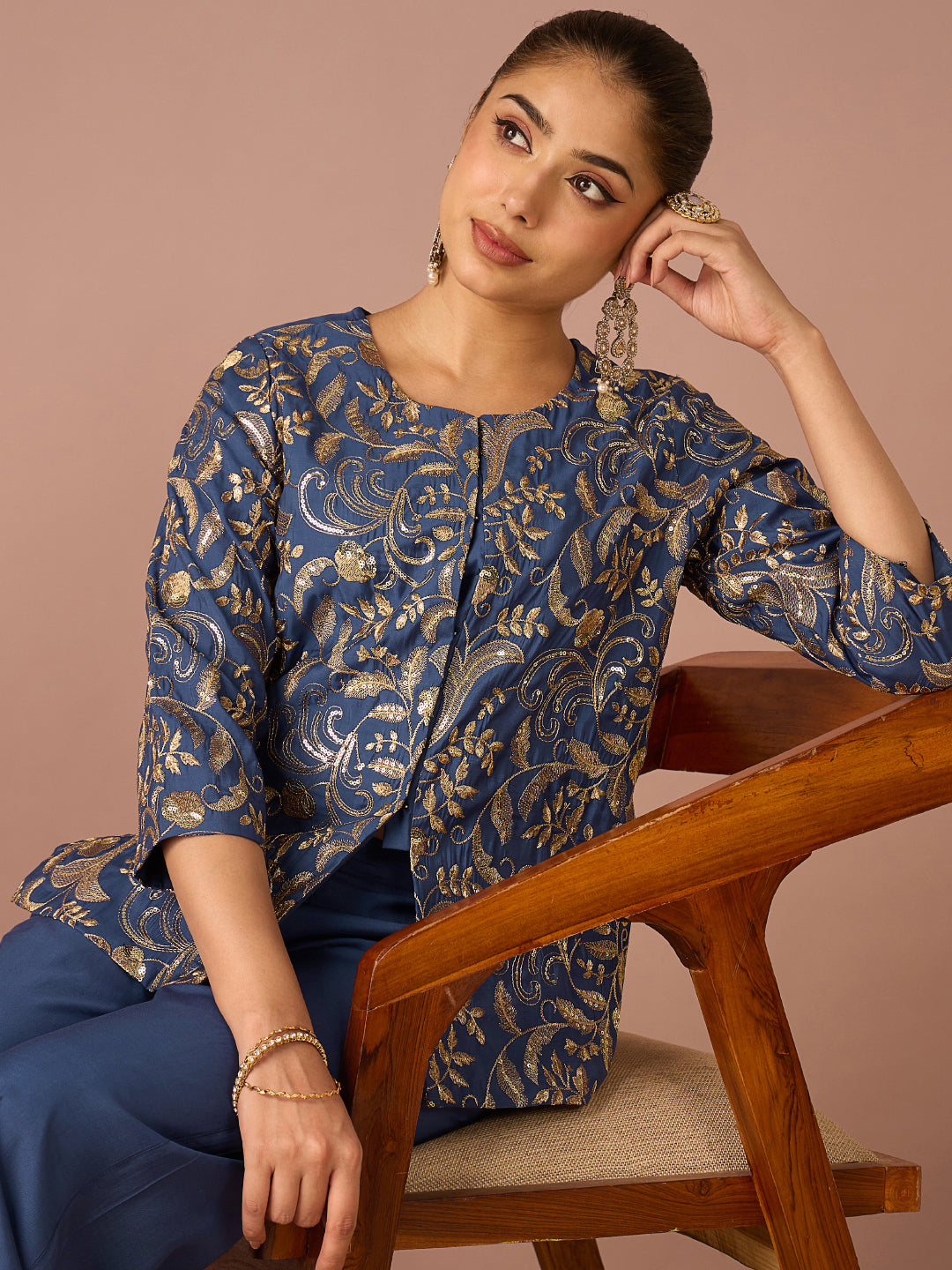 Janasya Women's Navy Blue Chanderi Silk Floral Sequins And Zari Embroidered Straight Co-Ord Set
