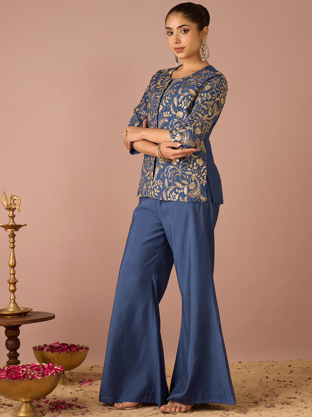 Janasya Women's Navy Blue Chanderi Silk Floral Sequins And Zari Embroidered Straight Co-Ord Set