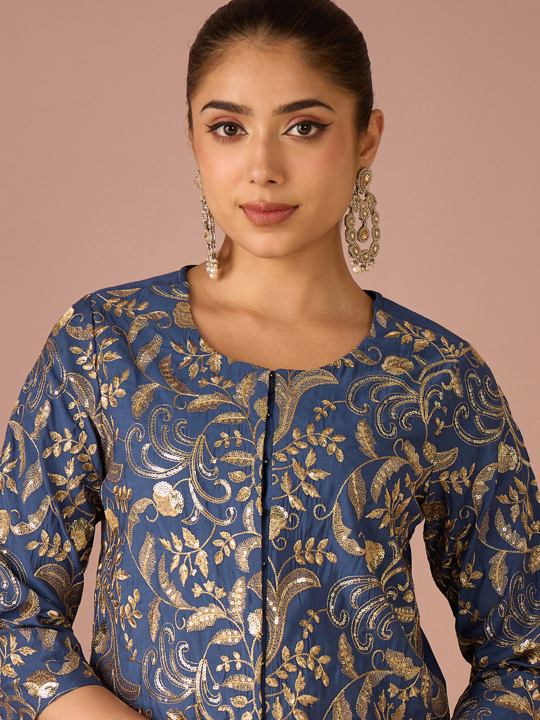Janasya Women's Navy Blue Chanderi Silk Floral Sequins And Zari Embroidered Straight Co-Ord Set