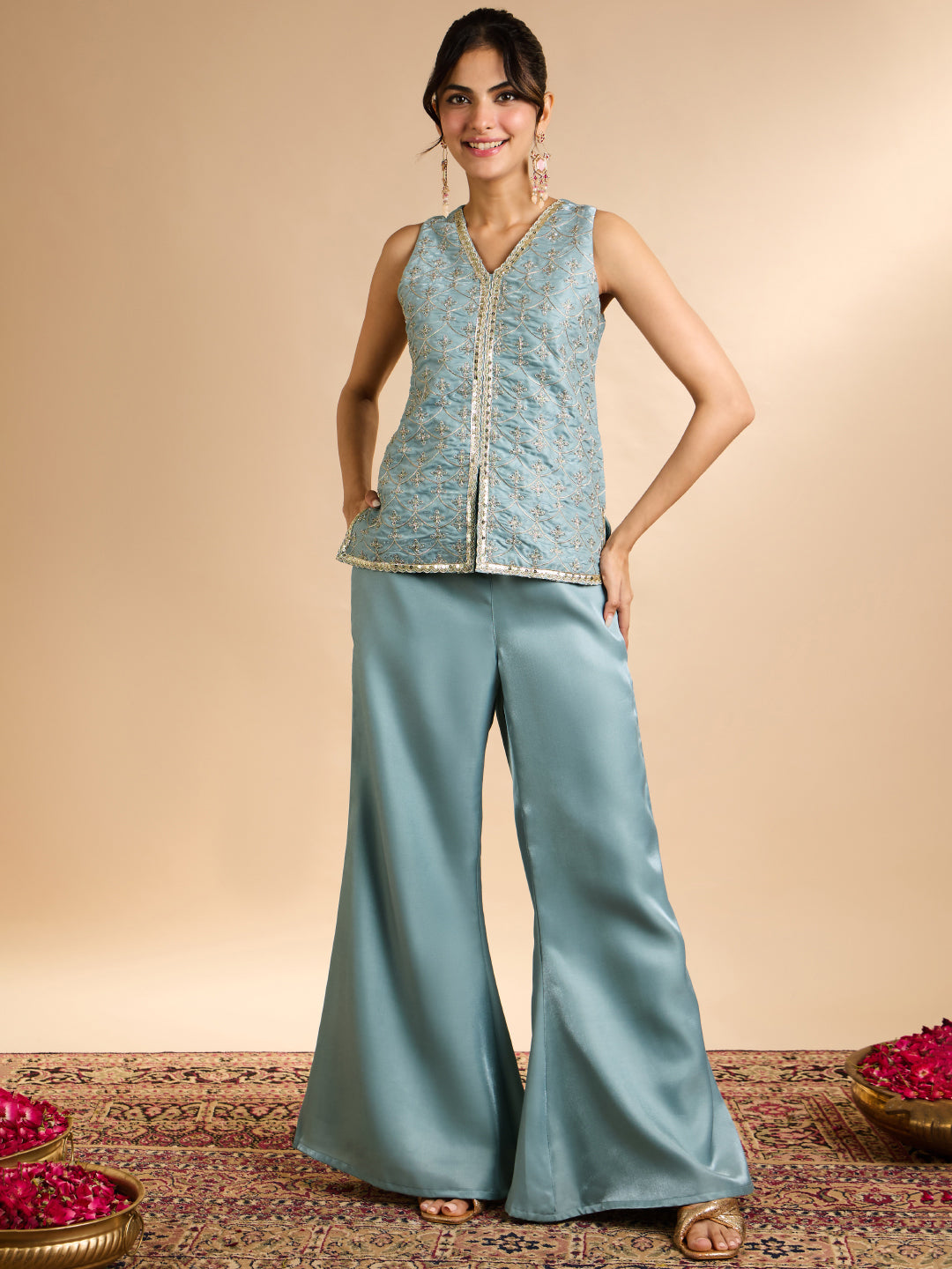 Janasya Women's Sky Blue Silk Blend Floral Zari Embroidered Waistcoat Co-Ord Set