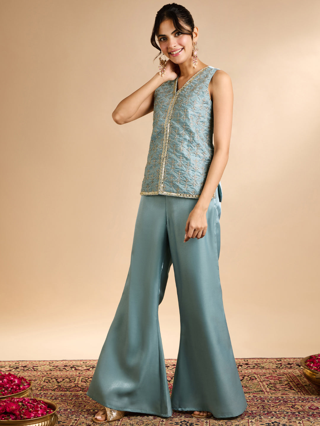 Janasya Women's Sky Blue Silk Blend Floral Zari Embroidered Waistcoat Co-Ord Set