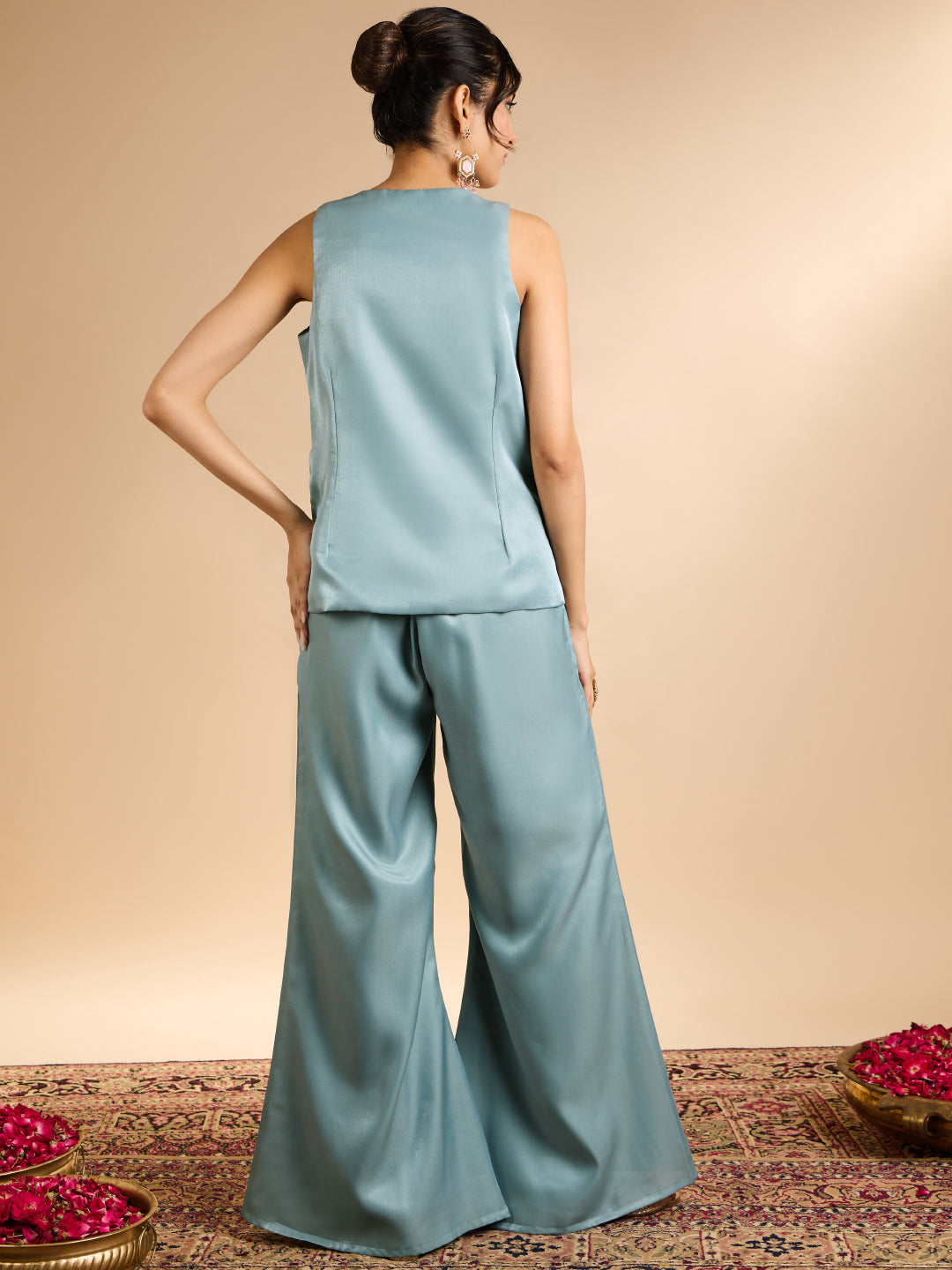 Janasya Women's Sky Blue Silk Blend Floral Zari Embroidered Waistcoat Co-Ord Set