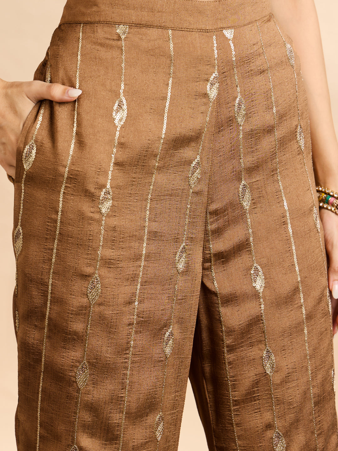 Janasya Women's Metallic Bronze Silk Blend Floral Zari Embroidered Vest Coat Co-Ord Set