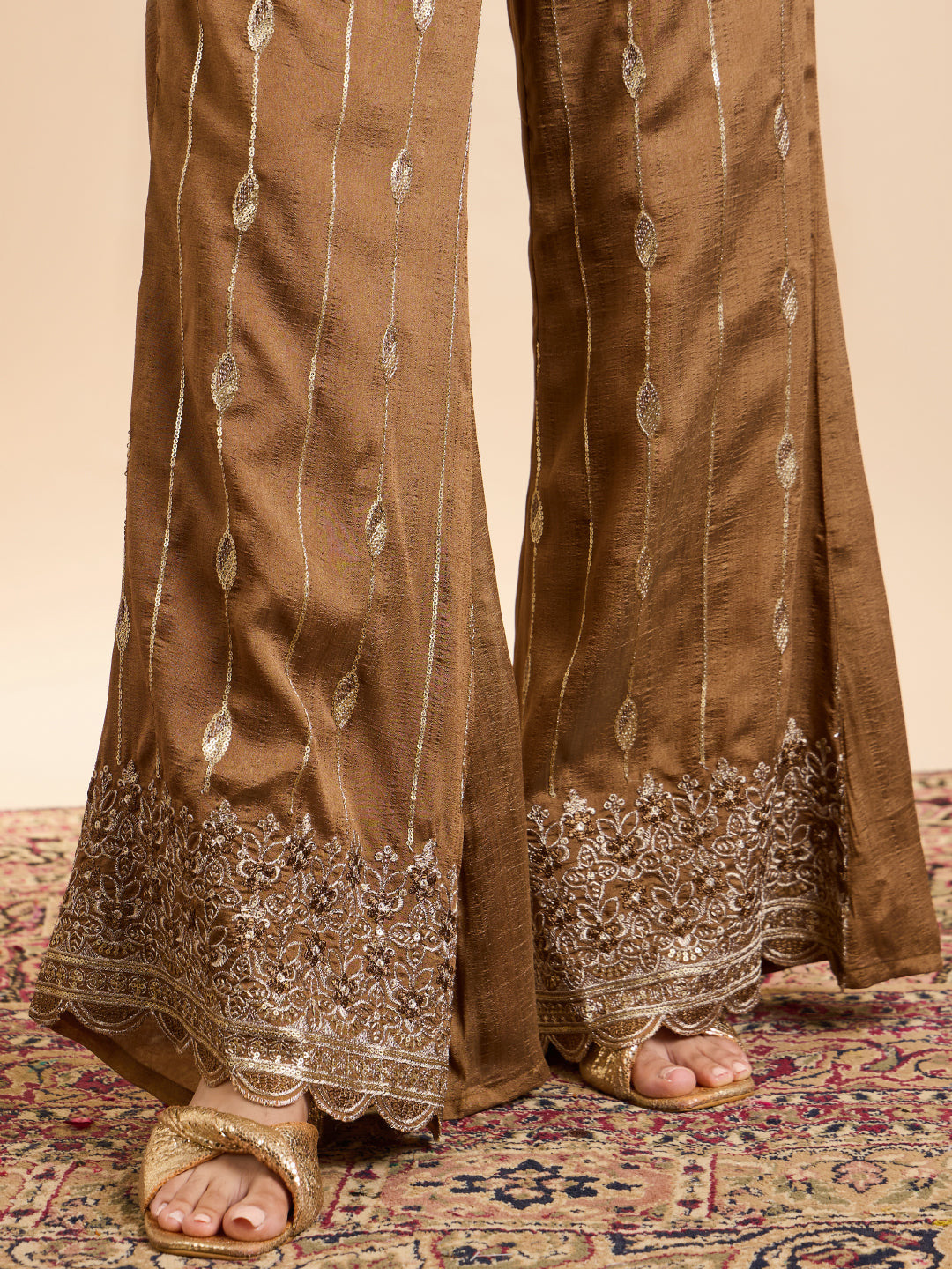 Janasya Women's Metallic Bronze Silk Blend Floral Zari Embroidered Vest Coat Co-Ord Set