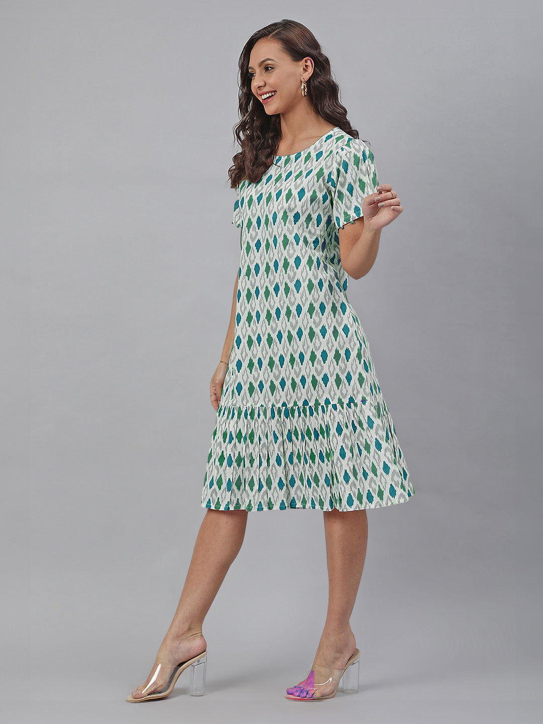 White Pure Cotton Ikkat Printed A-line Dress
