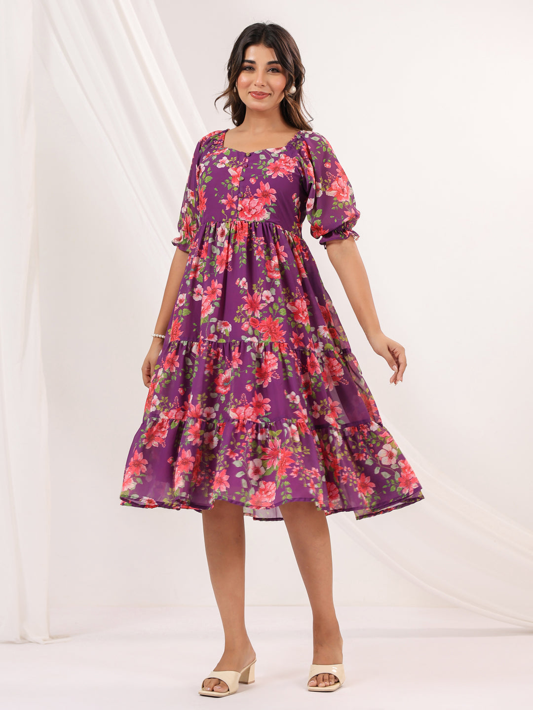 Janasya Women's Purple Georgette Floral Printed Tiered Dress