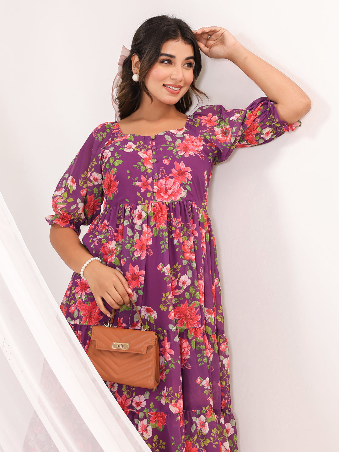 Janasya Women's Purple Georgette Floral Printed Tiered Dress