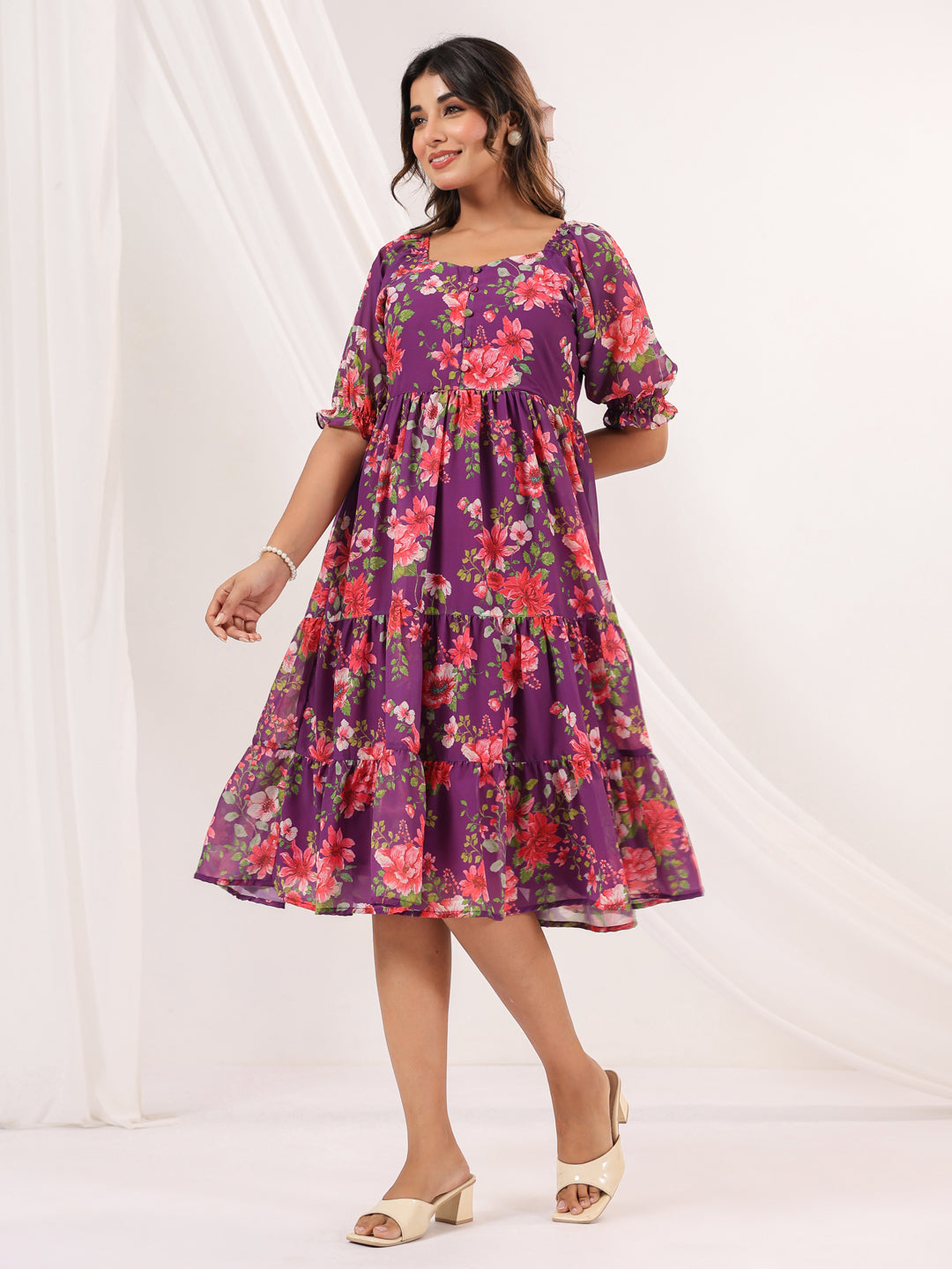 Janasya Women's Purple Georgette Floral Printed Tiered Dress