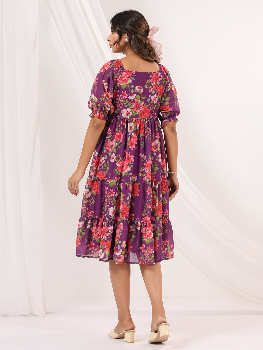 Janasya Women's Purple Georgette Floral Printed Tiered Dress