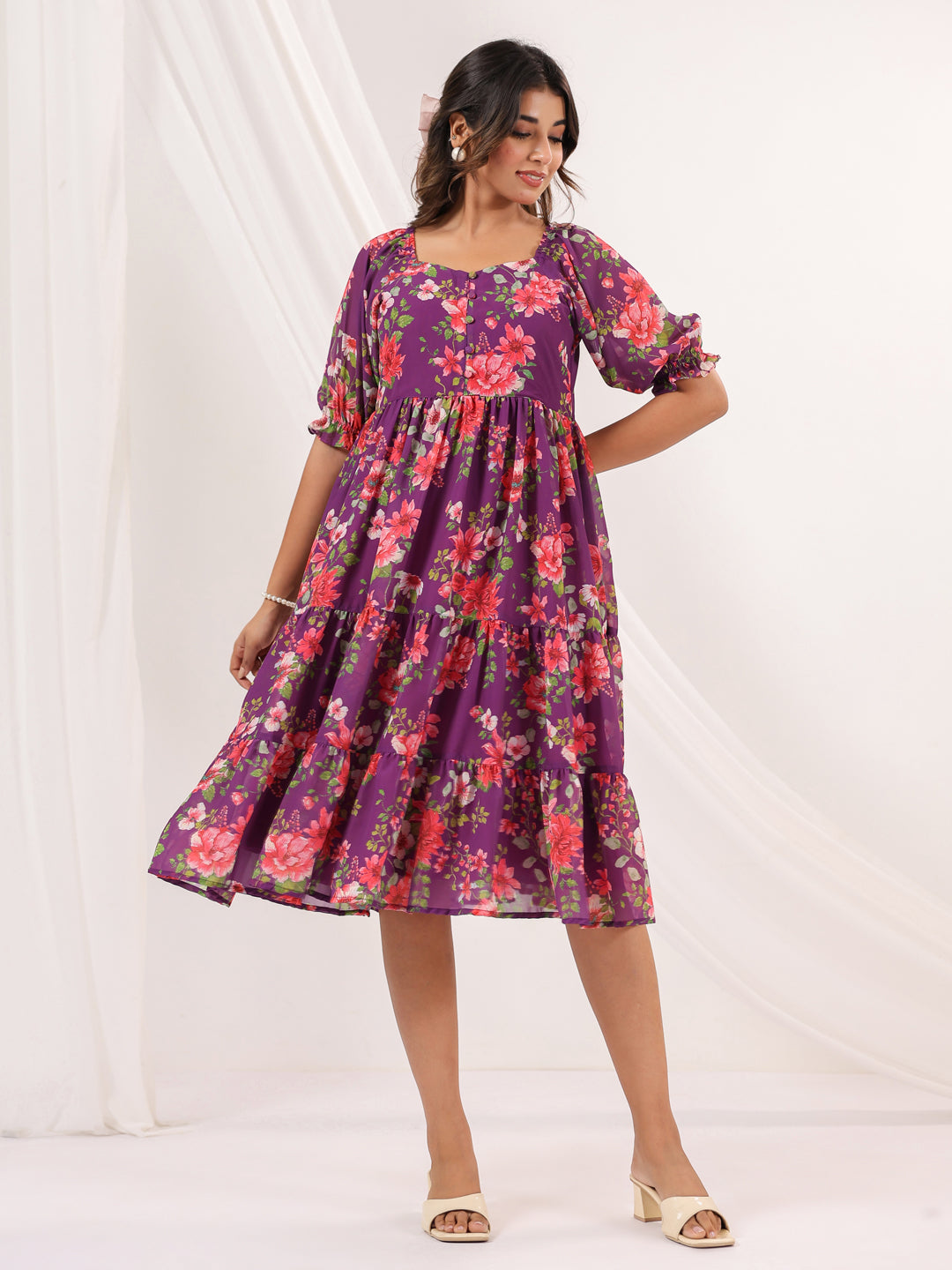 Janasya Women's Purple Georgette Floral Printed Tiered Dress