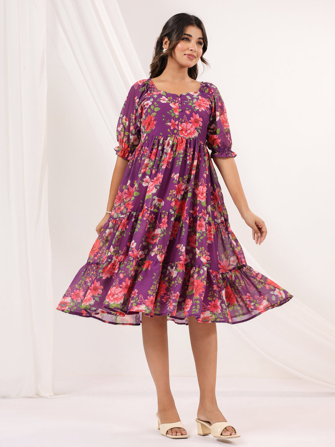 Janasya Women's Purple Georgette Floral Printed Tiered Dress