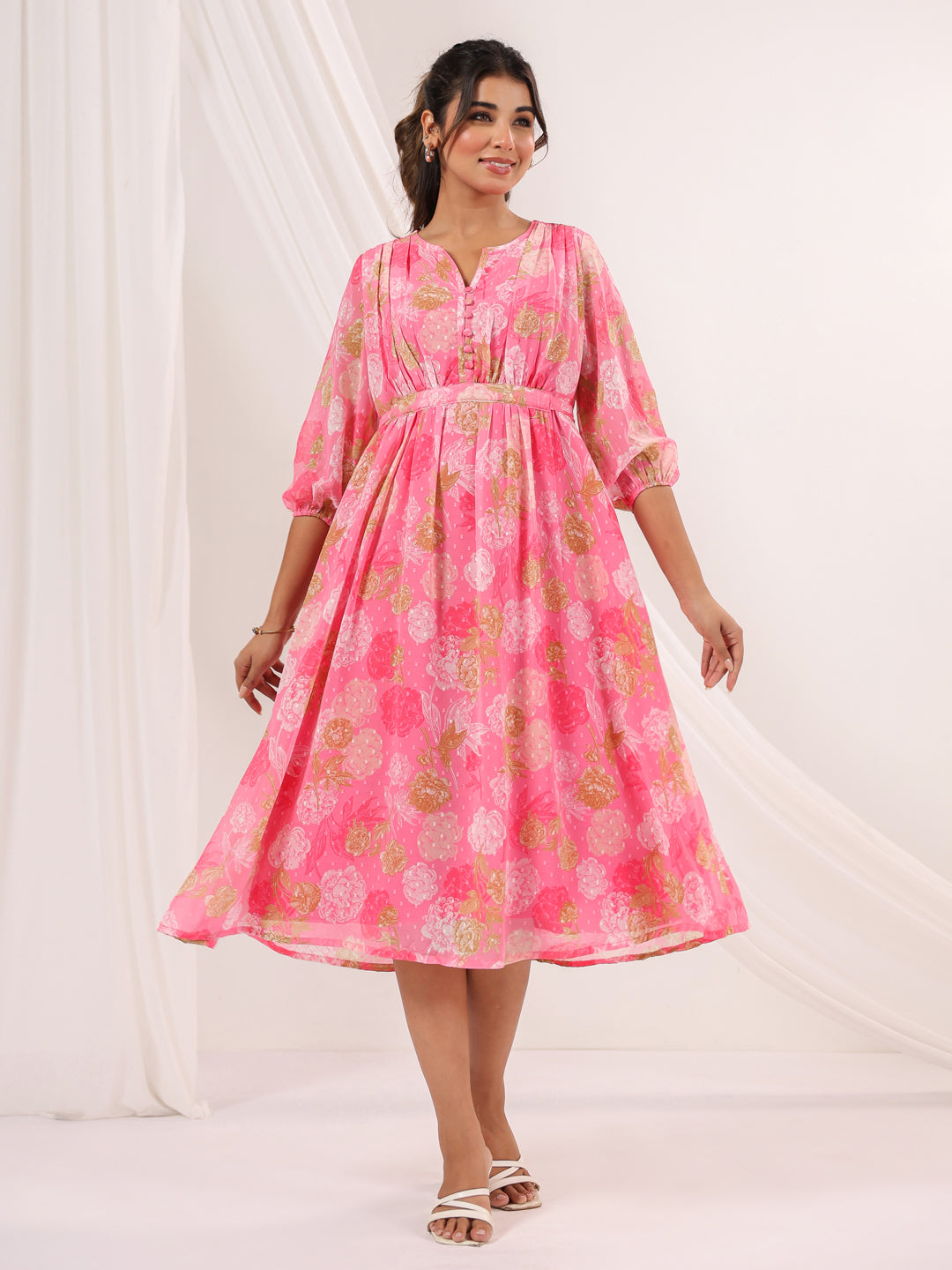 Janasya Women's Pink Georgette Floral Printed A-line Dress