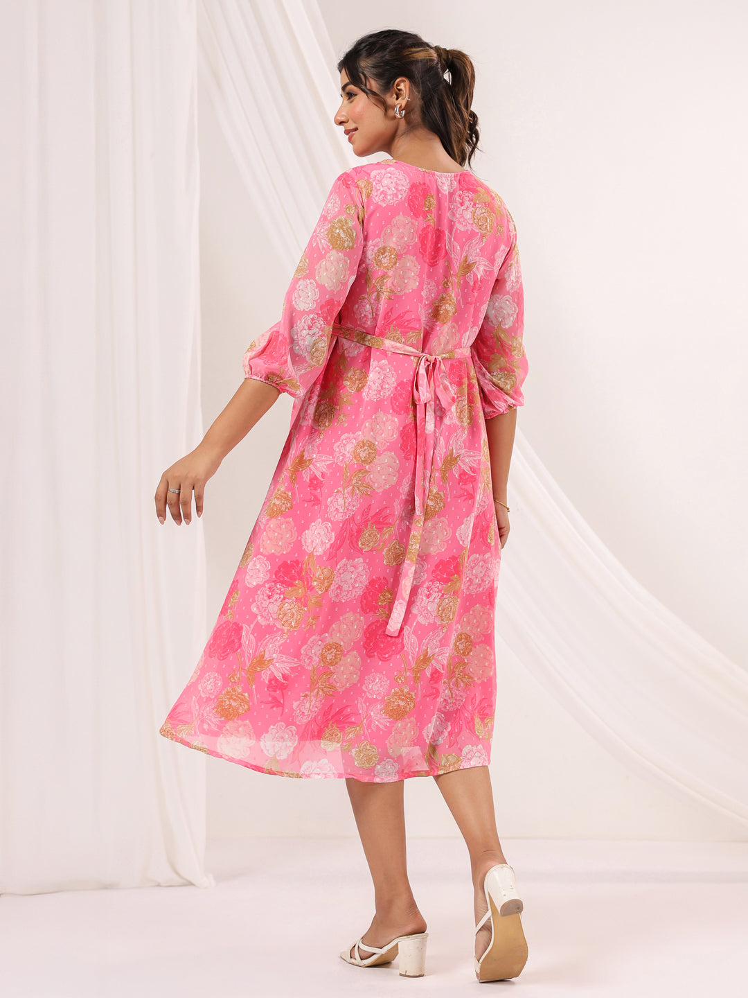 Janasya Women's Pink Georgette Floral Printed A-line Dress