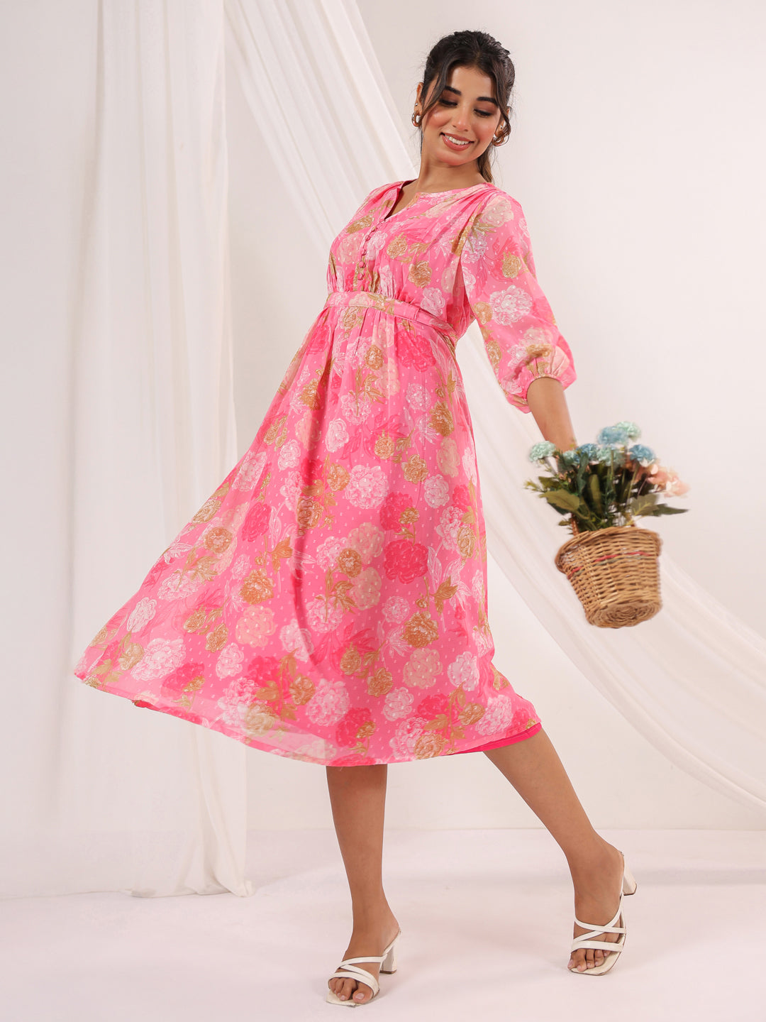 Janasya Women's Pink Georgette Floral Printed A-line Dress