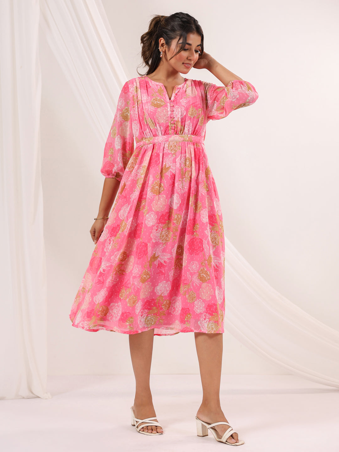 Janasya Women's Pink Georgette Floral Printed A-line Dress