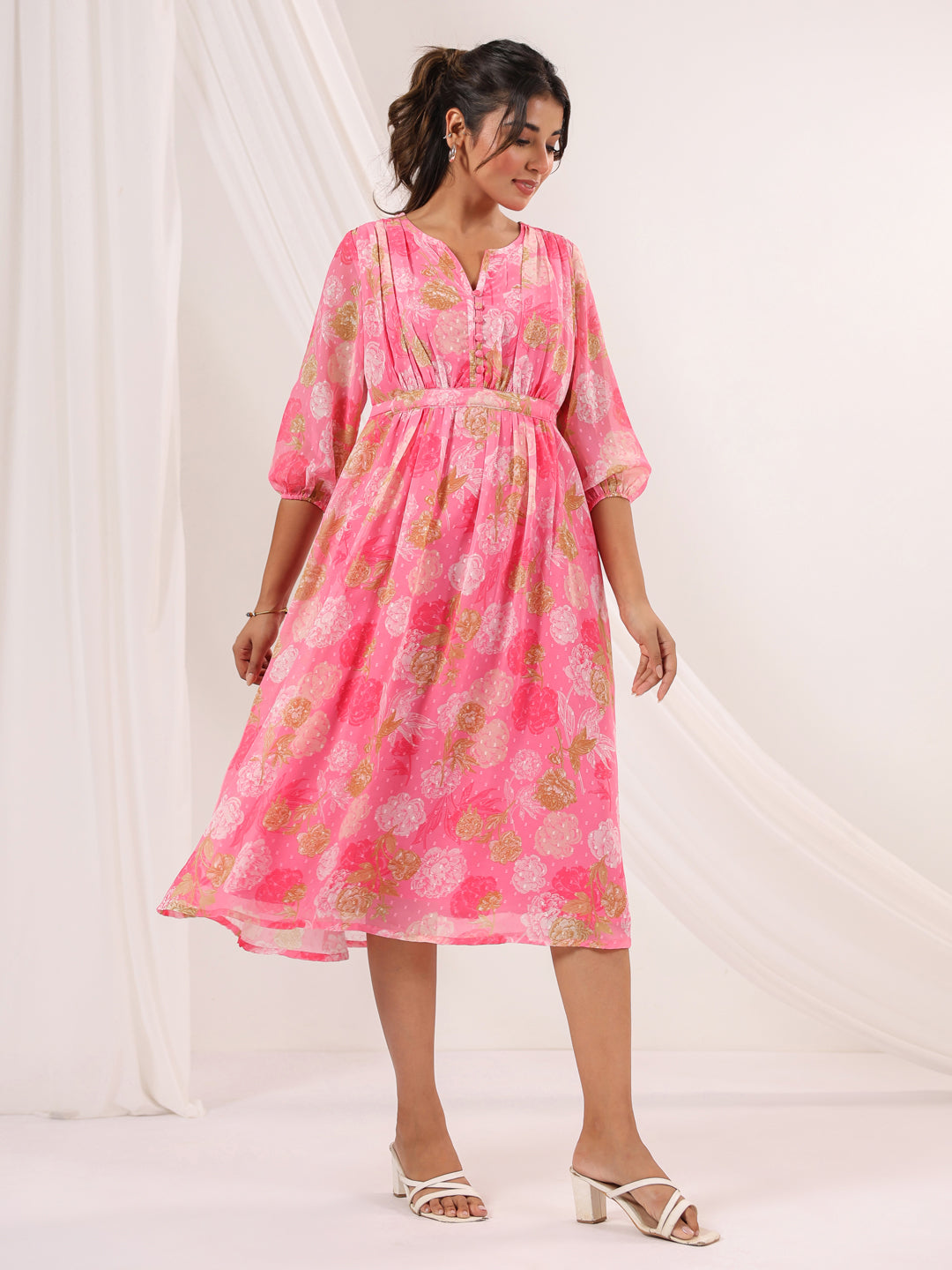 Janasya Women's Pink Georgette Floral Printed A-line Dress